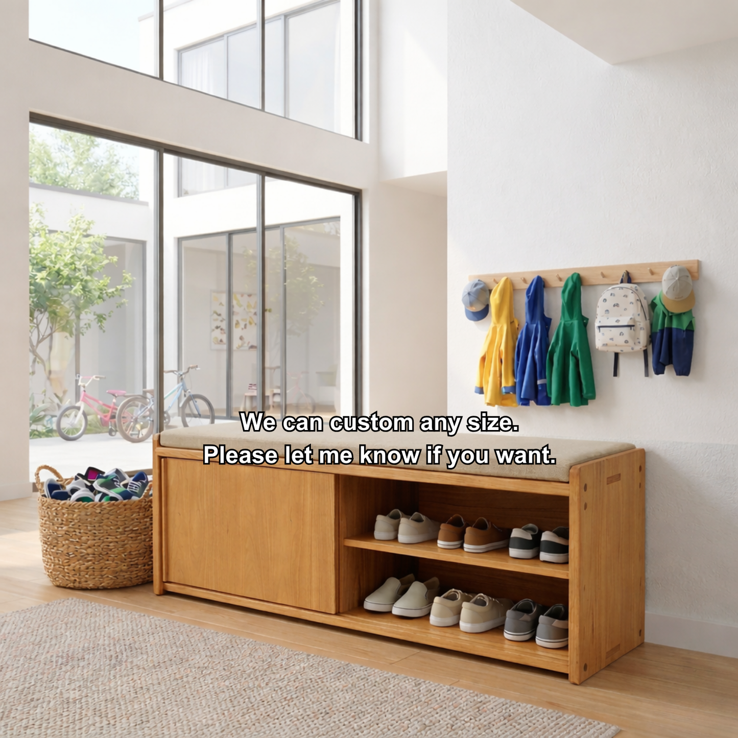 Solid Wood Shoe Storage Bench with Sliding Door & Open Shelf – Entryway Shoe Bench
