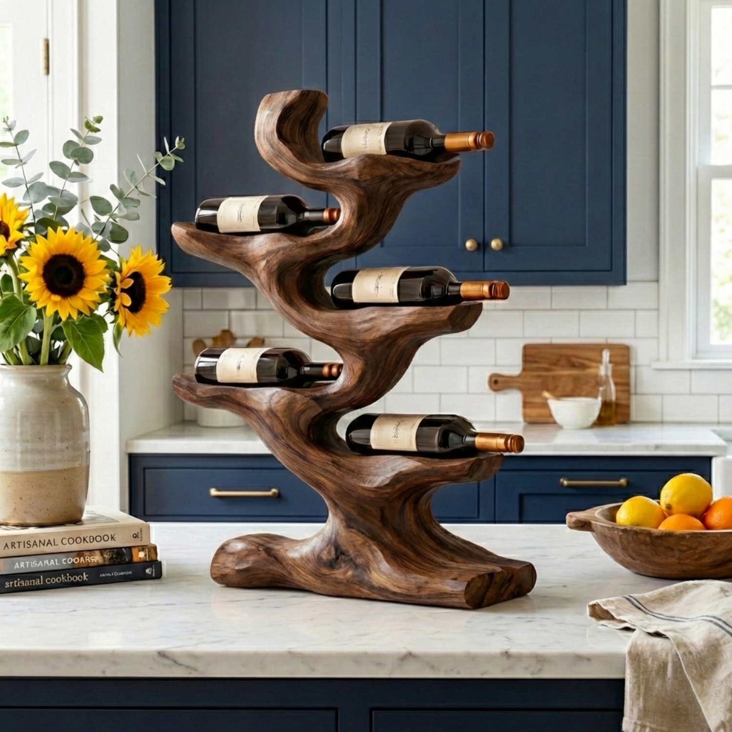 Handcrafted Solid Wood Wine Holder – Sculptural Tree Countertop Wine Rack