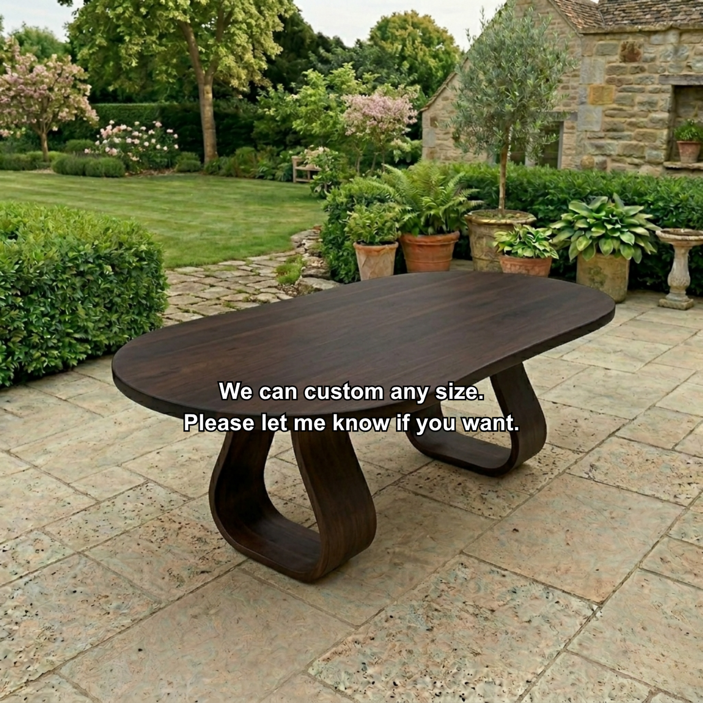 Solid Wood Outdoor Dining Table Oval Top with Sculptural Loop Base
