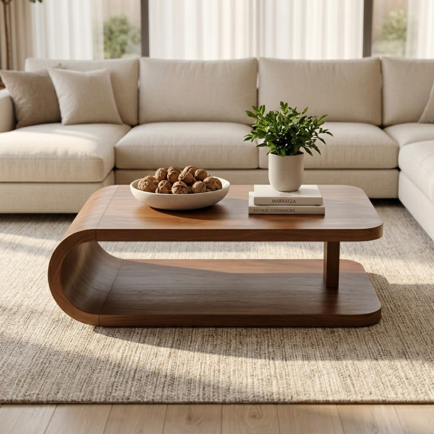 Modern Solid Wood Coffee Table with Curved Base and Storage Shelf for Living Room