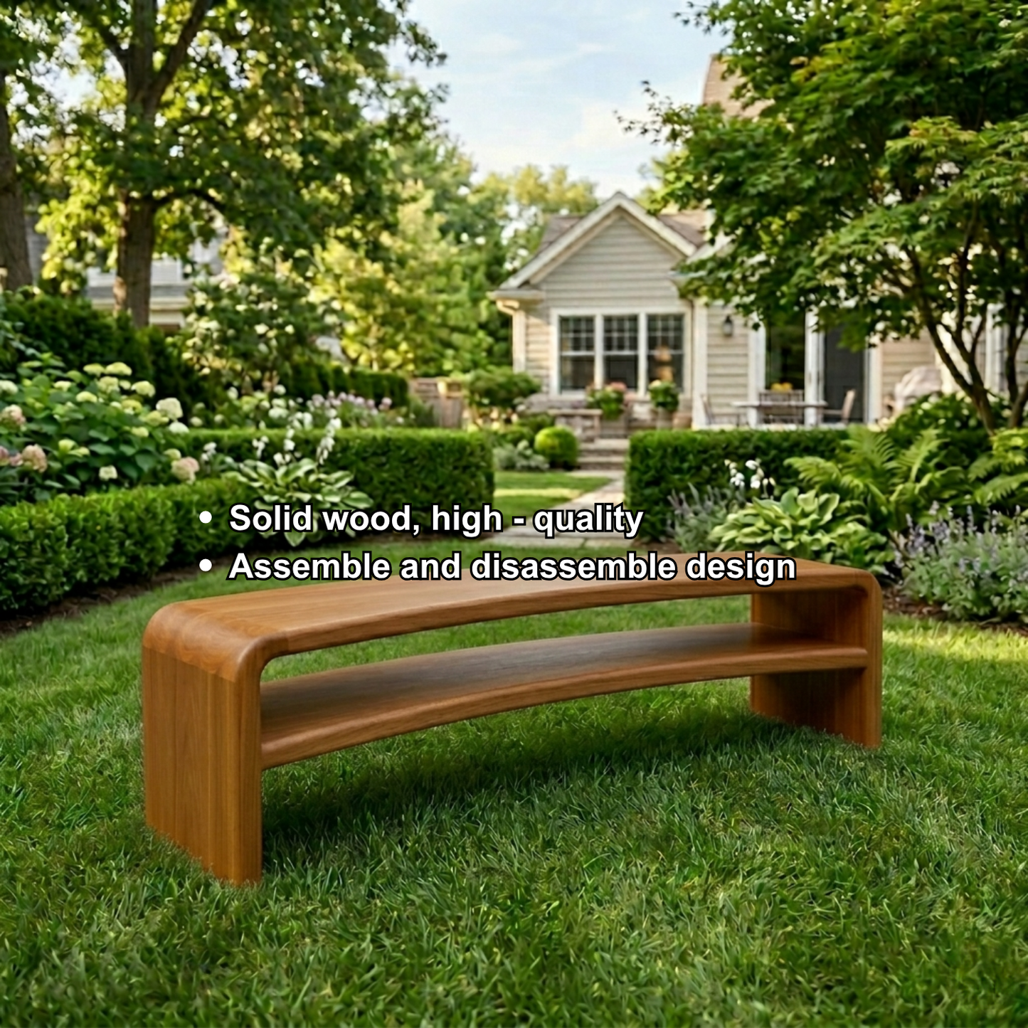 Solid Wood Outdoor Bench with Curved Waterfall Frame and Open Shelf Design