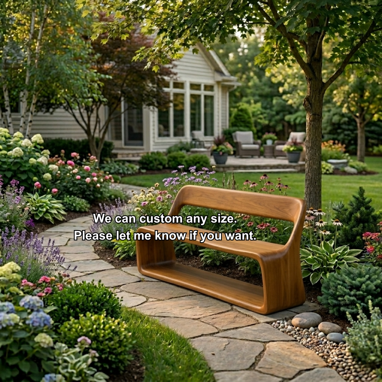 Solid Wood Outdoor Bench with Curved Backrest and Integrated Open Shelf Base