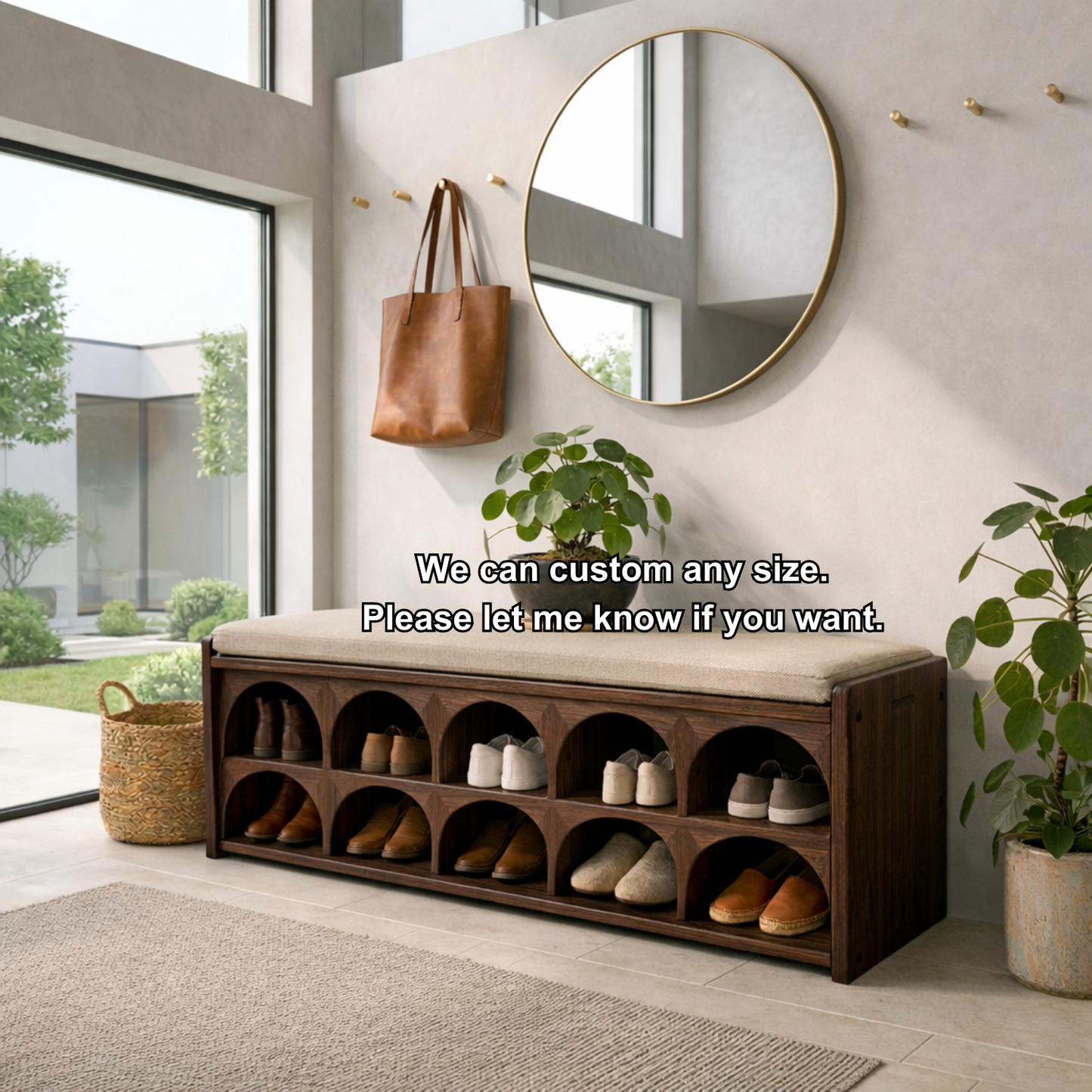 Solid Wood Shoe Storage Bench with Arched Cubby Shelves – Entryway Shoe Bench