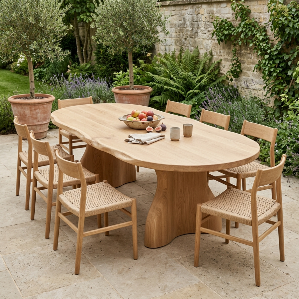 Solid Wood Outdoor Dining Table Oval Top with Organic Sculptural Pedestal Base