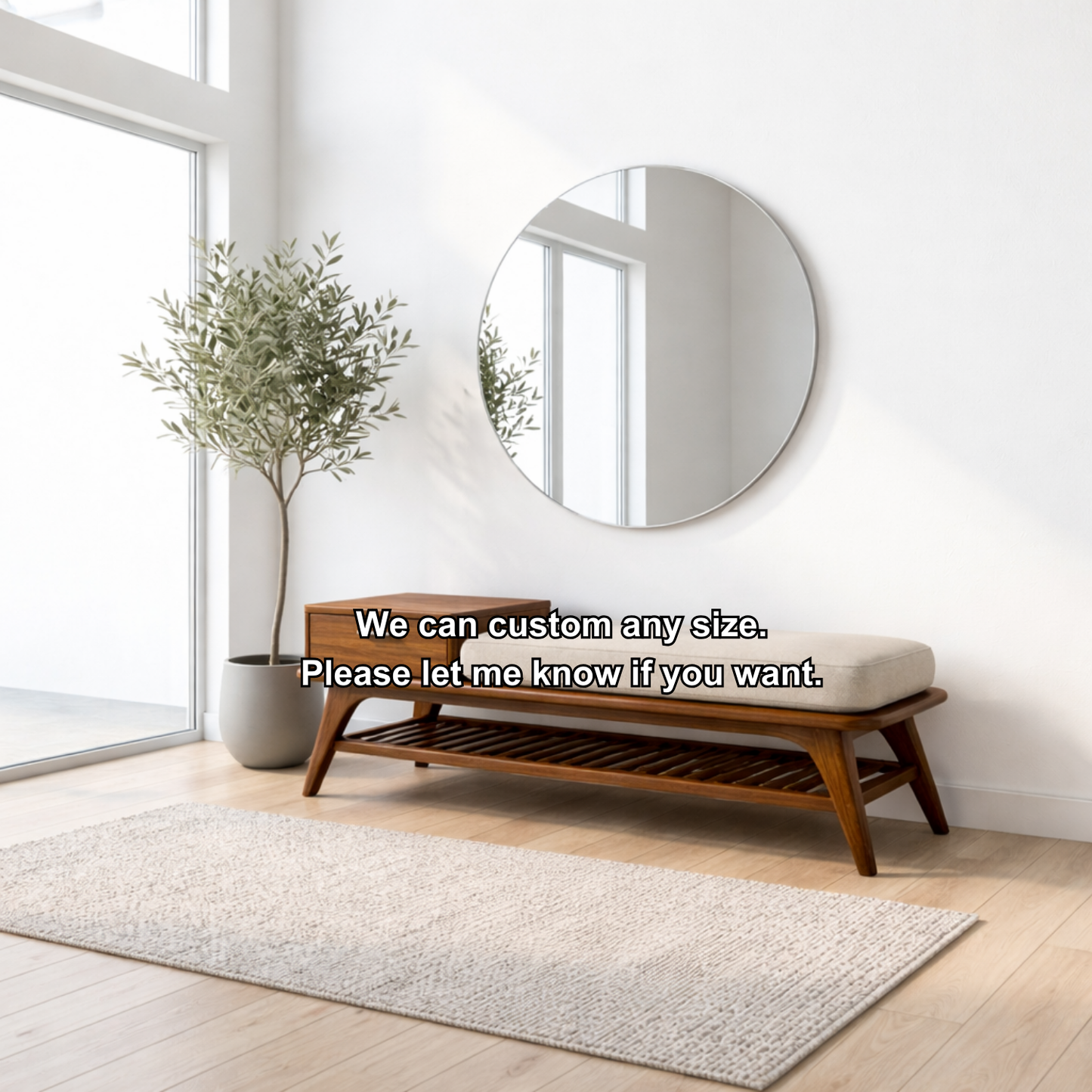 Mid-Century Solid Wood Shoe Storage Bench with Drawer and Open Shelf