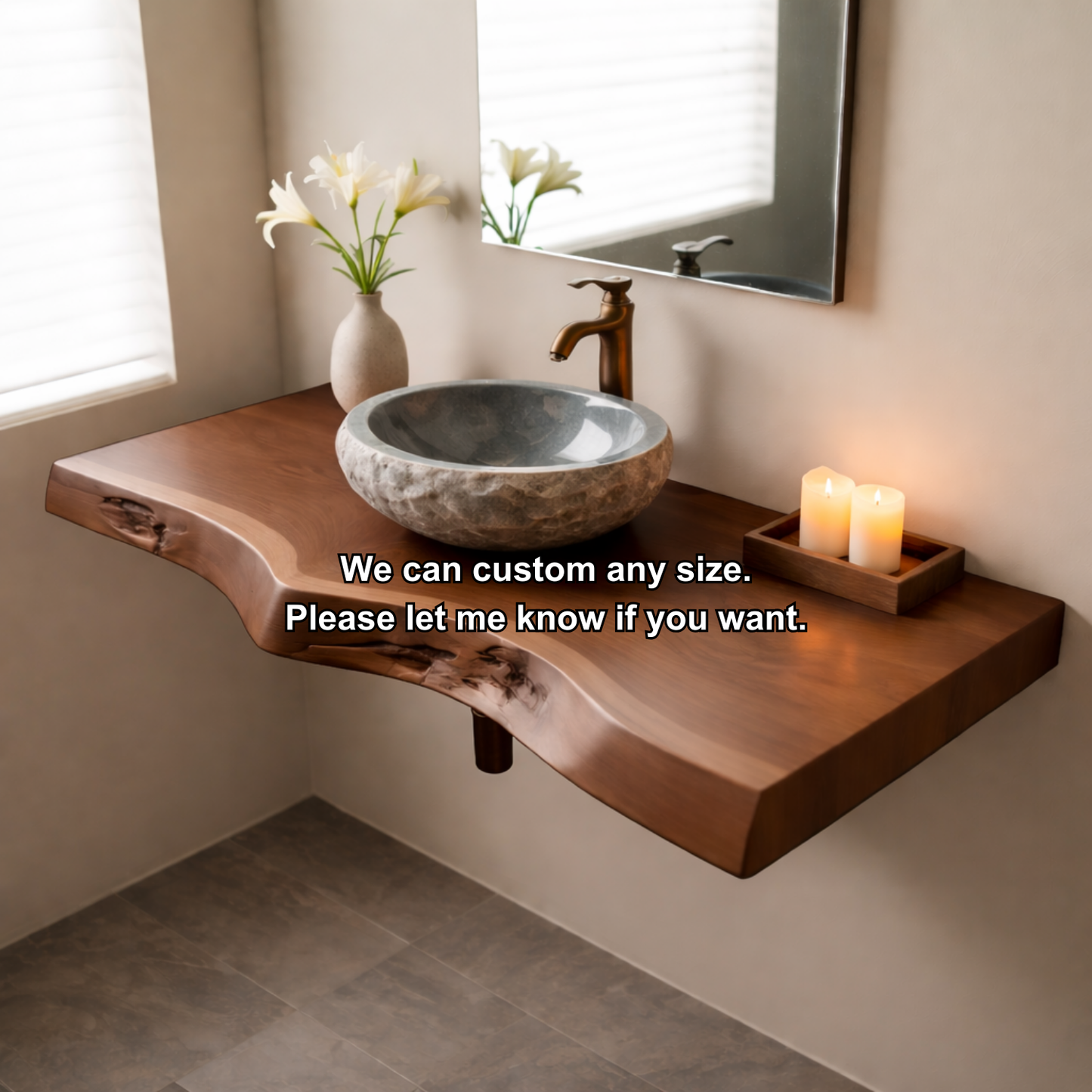 Floating Live Edge Solid Wood Bathroom Vanity Shelf