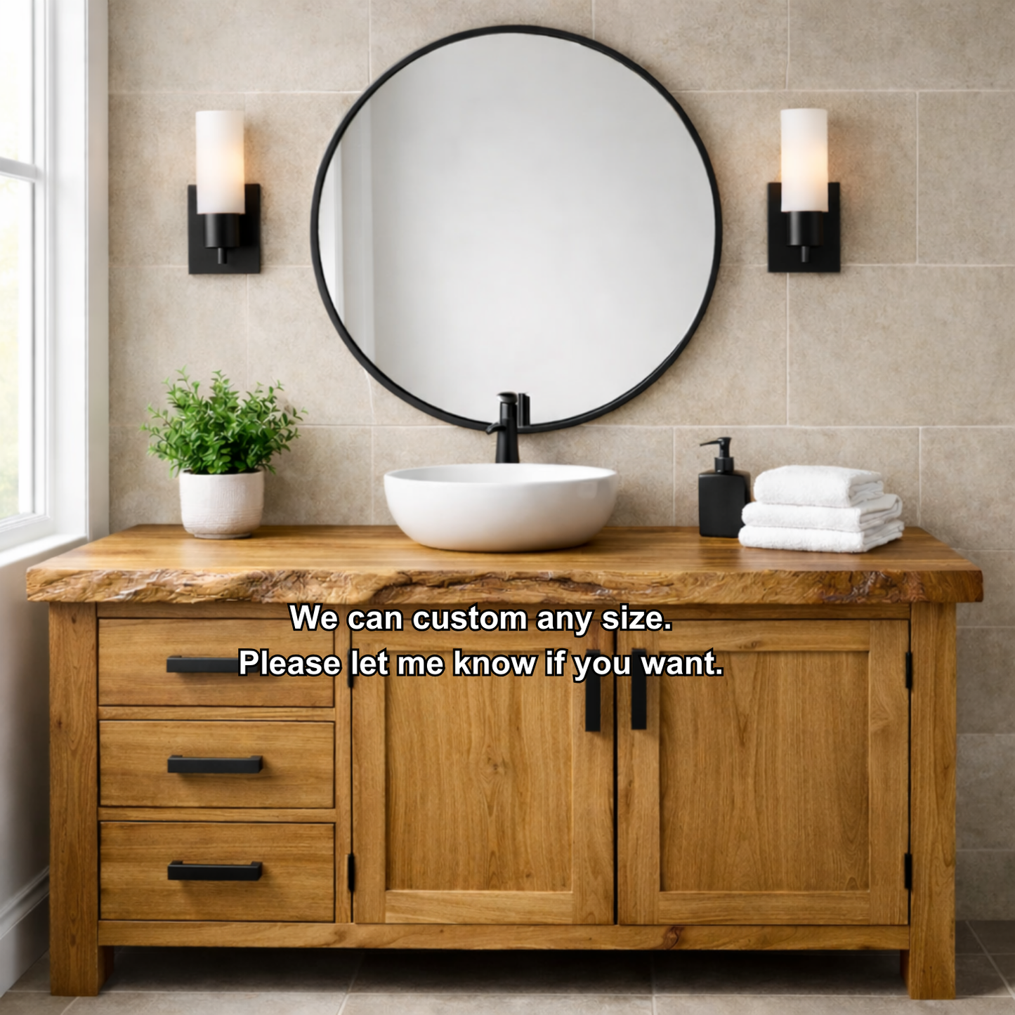 Live Edge Solid Wood Bathroom Vanity with 3 Drawers and Double Door Cabinet