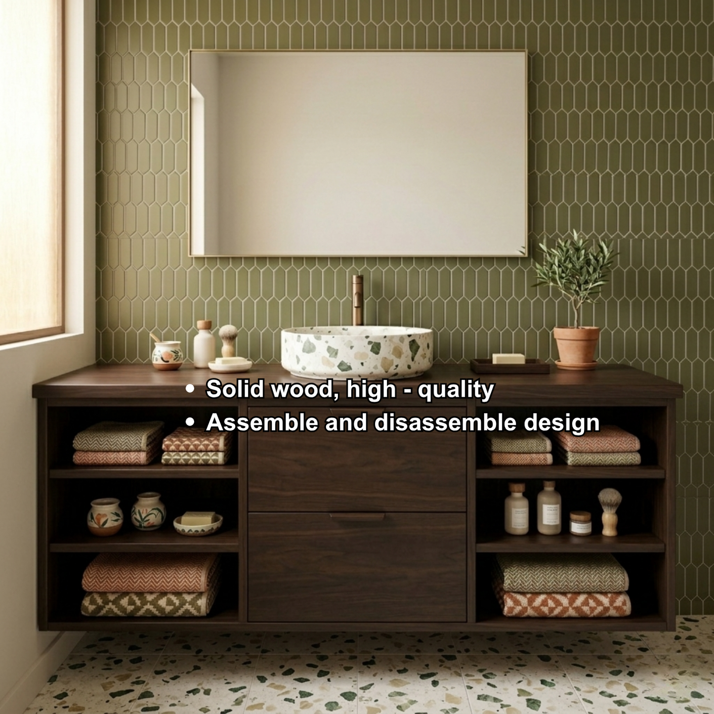 Floating Solid Wood Bathroom Vanity with Open Shelves and Double Drawers