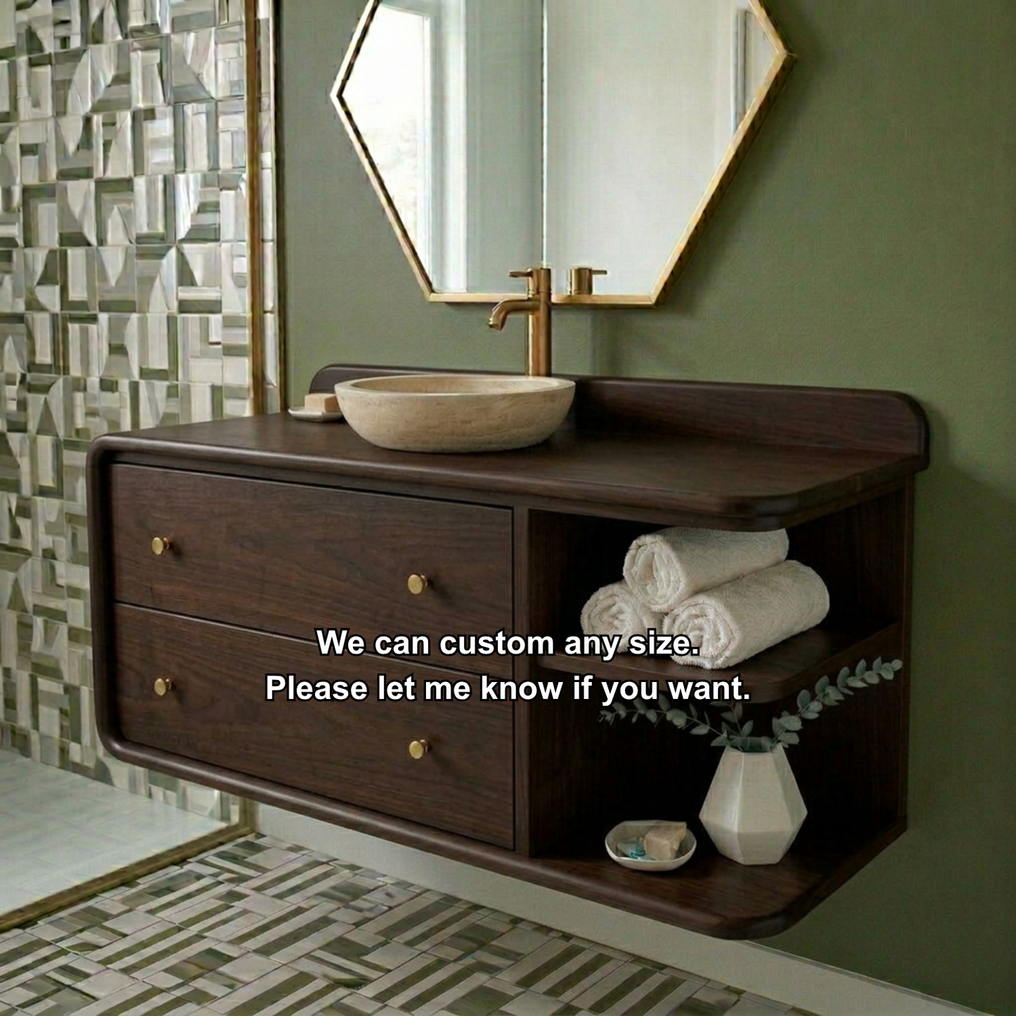 Floating Solid Wood Bathroom Vanity with Rounded Edges, Side Open Shelf and Double Drawers