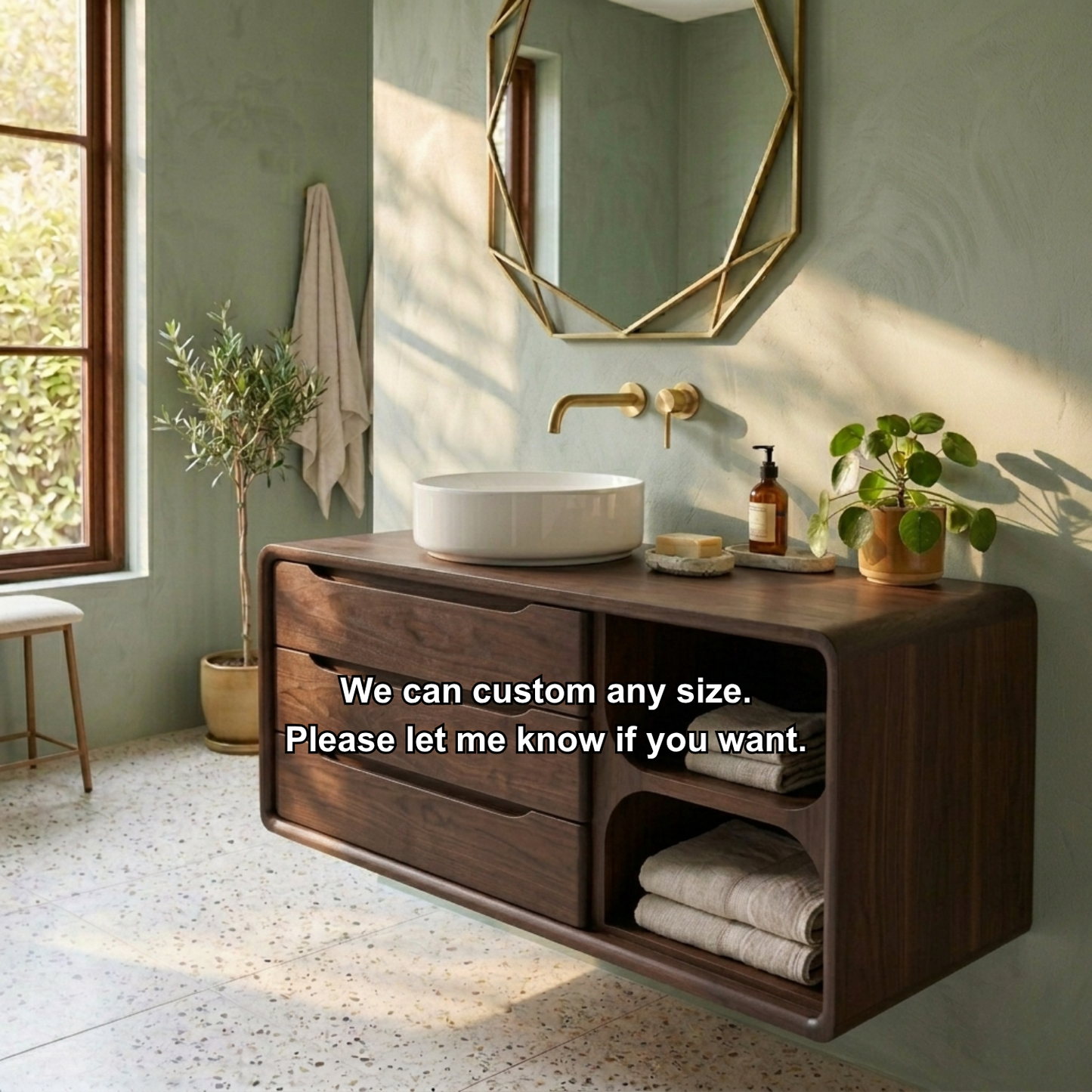 Floating Solid Wood Bathroom Vanity with Rounded Frame, Three Drawers and Side Open Shelf