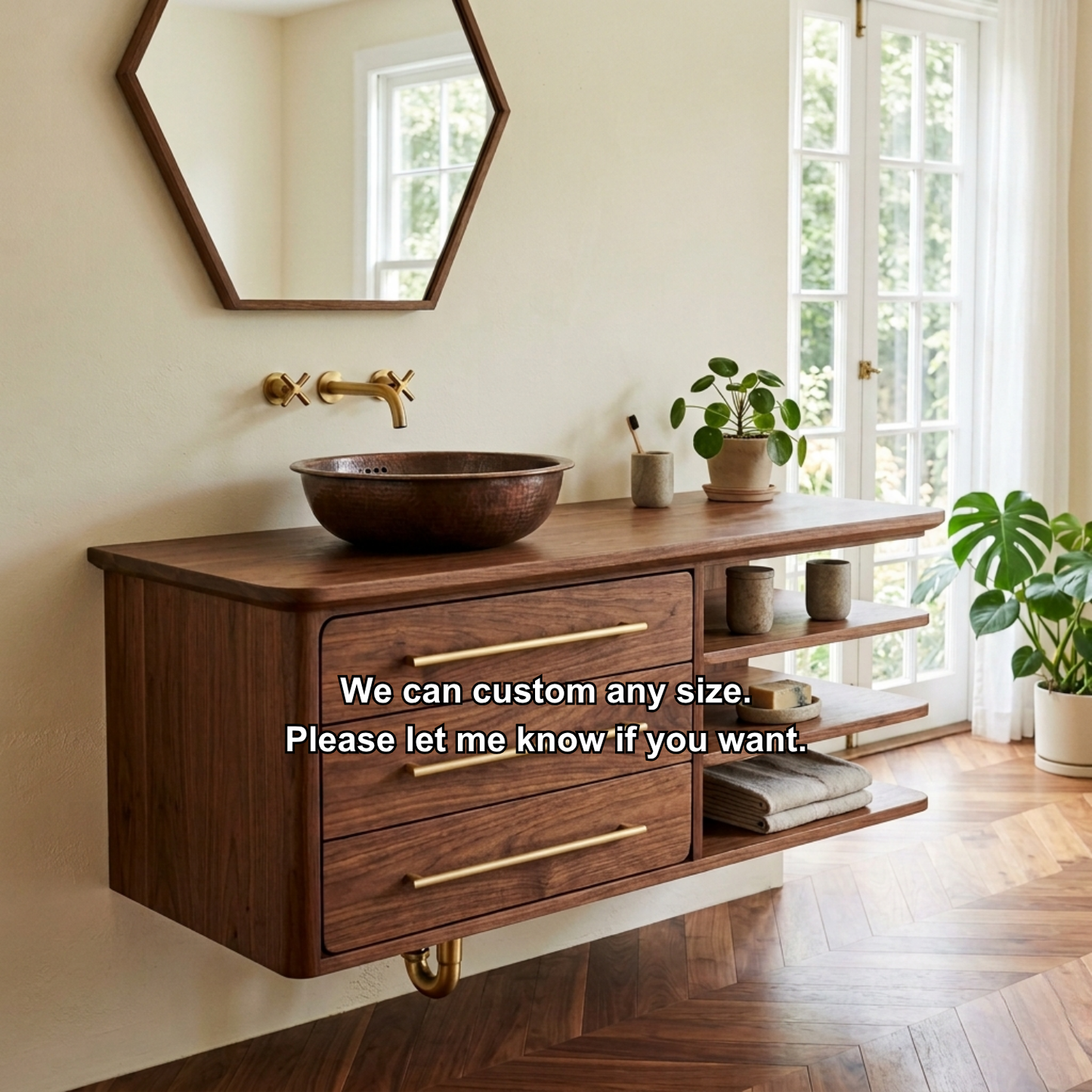 Floating Solid Wood Bathroom Vanity with Three Drawers and Side Open Shelving