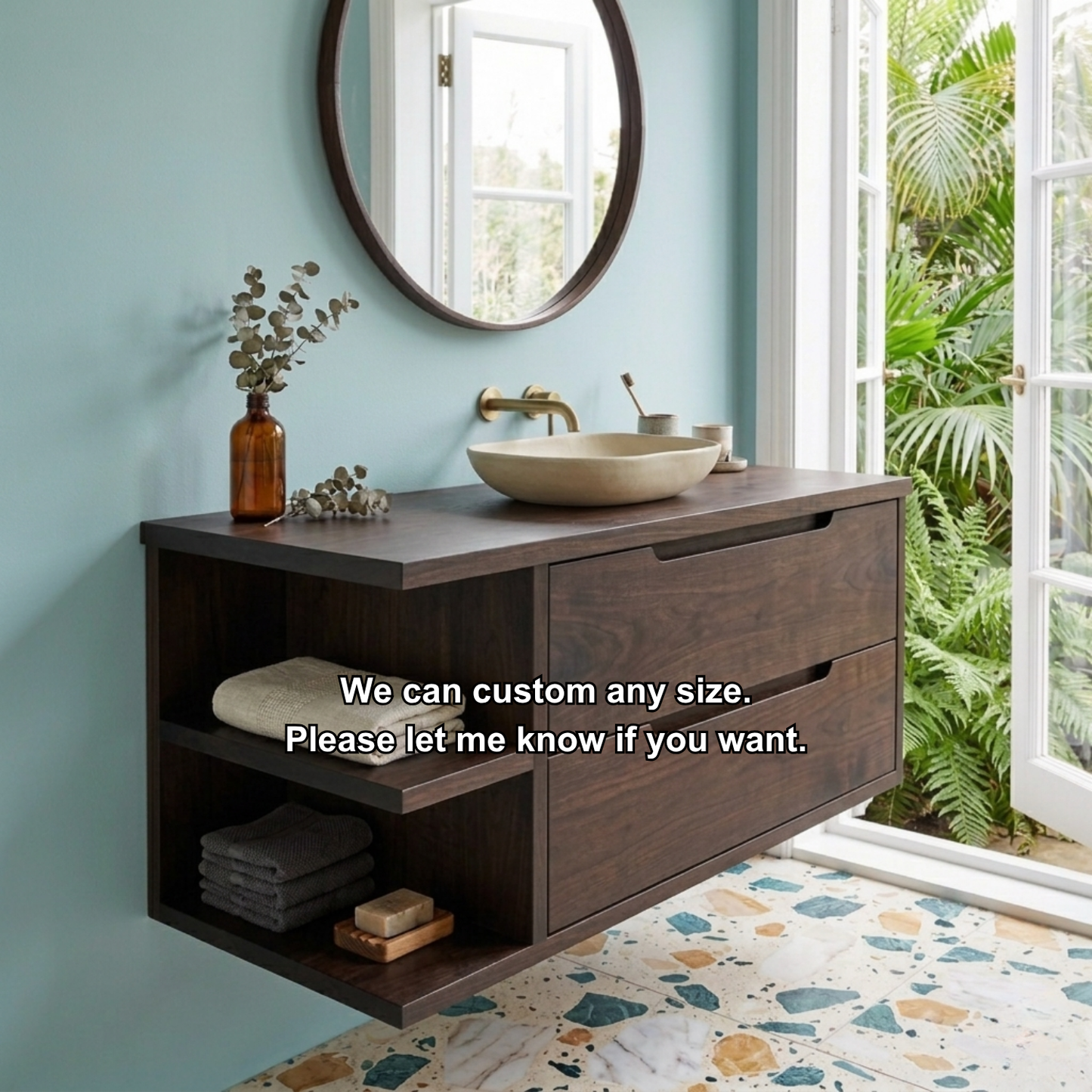 Floating Solid Wood Bathroom Vanity with Side Open Shelves and Double Drawers