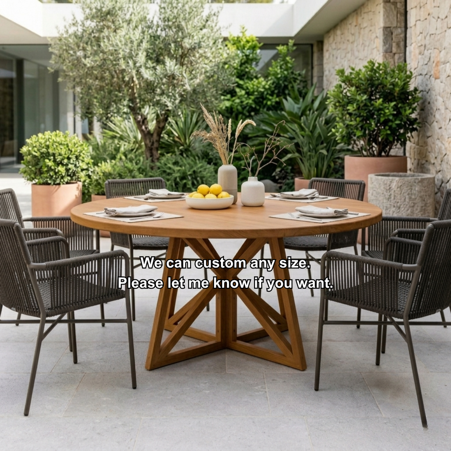 Round Solid Wood Outdoor Dining Table with Geometric Cross Pedestal Base