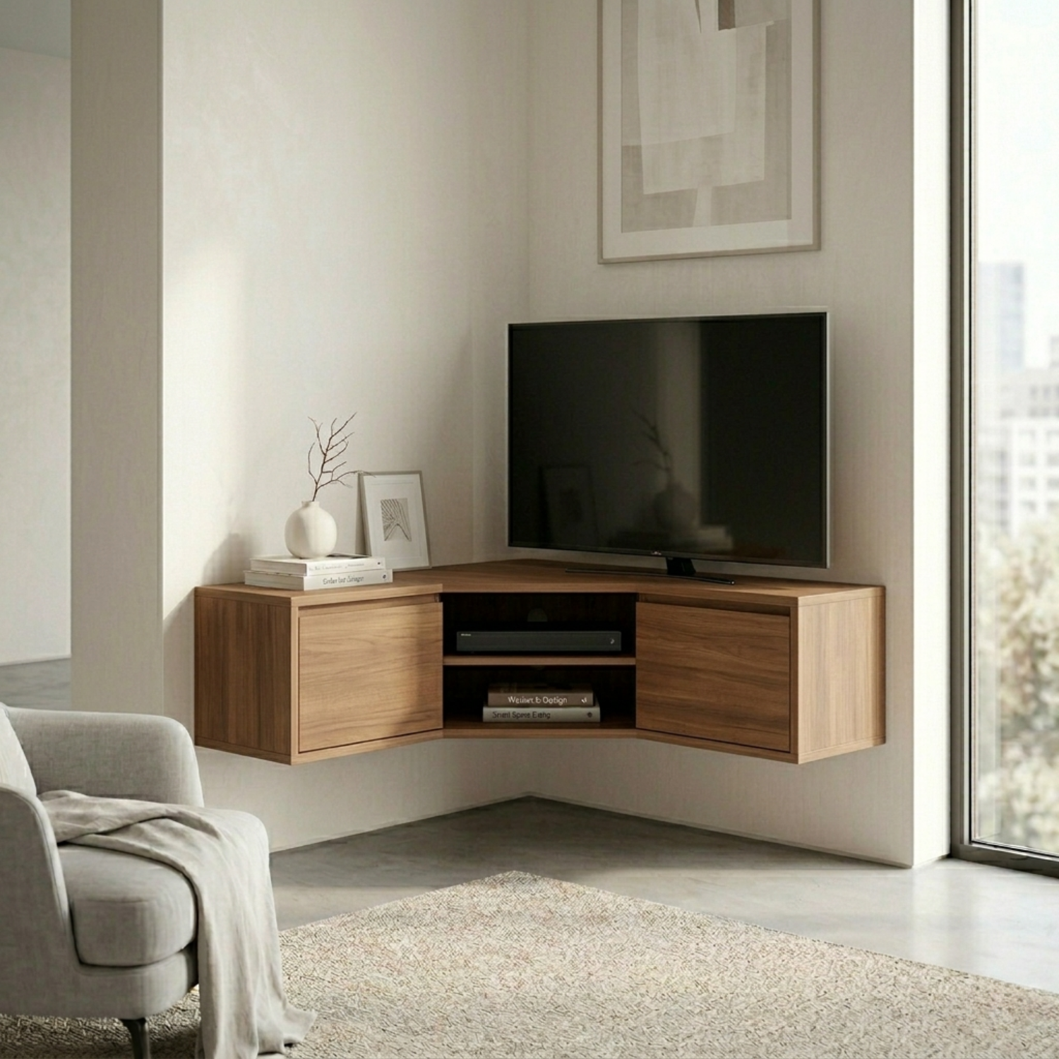 Floating Solid Wood Corner TV Stand with Cabinet Storage and Open Media Shelf