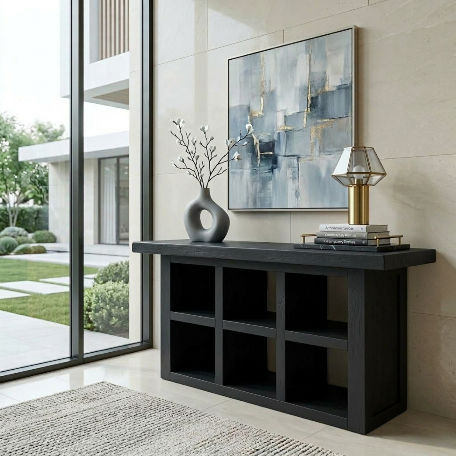 Solid Wood Console Table with Open Cubby Storage – Rustic Modern Entryway Table