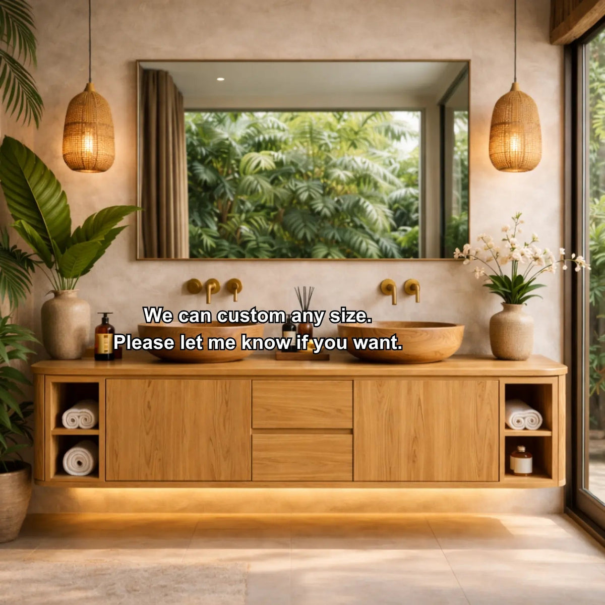 Solid Wood Floating Bathroom Vanity with Center Drawers and Open Side Shelves Storage Design Kitchnce