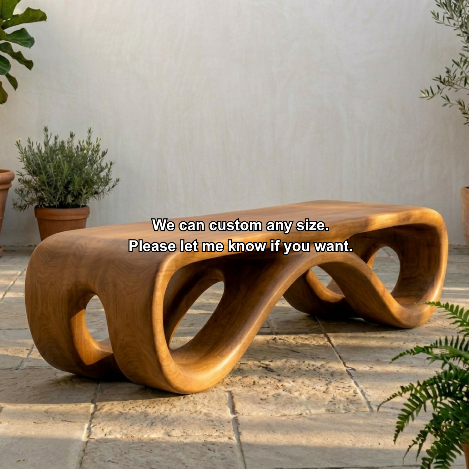 Handcrafted Solid Wood Outdoor Bench Sculptural Curved Base Organic Modern Minimal Design