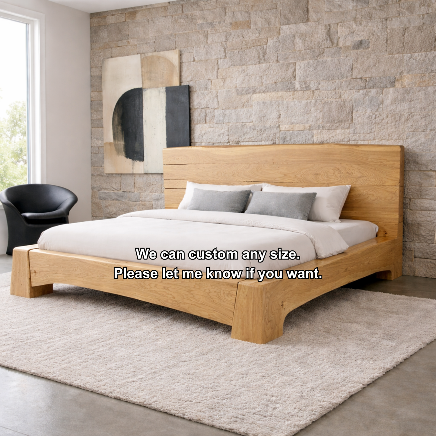 Solid Wood Platform Bed Frame with Wide Panel Headboard and Sculpted Base