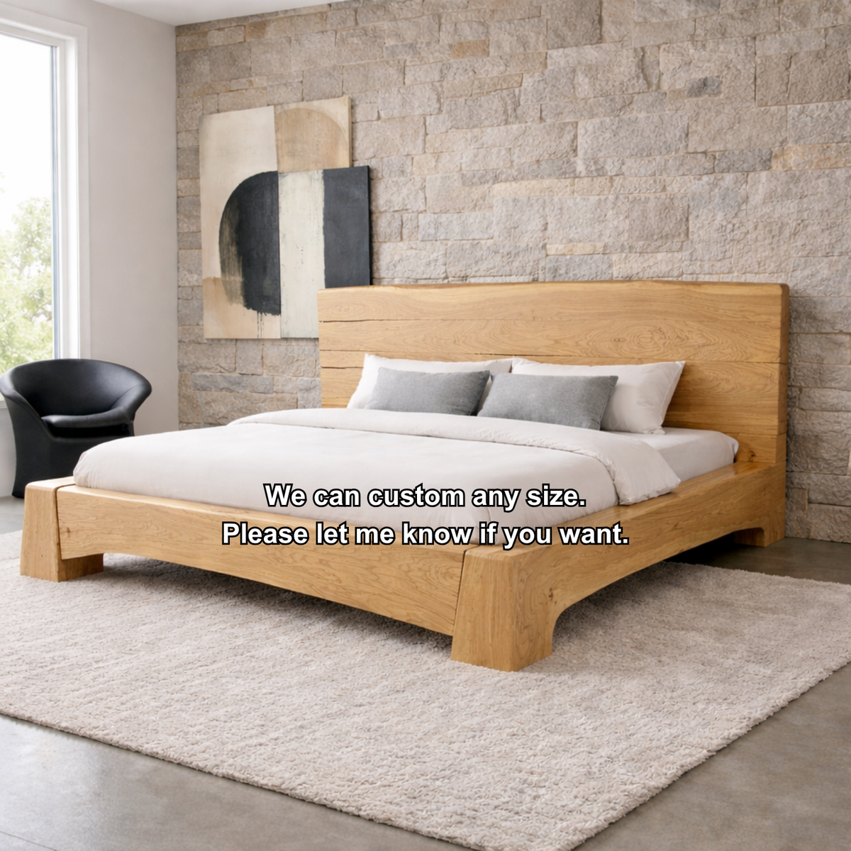 Solid Wood Platform Bed Frame with Wide Panel Headboard and Sculpted Base