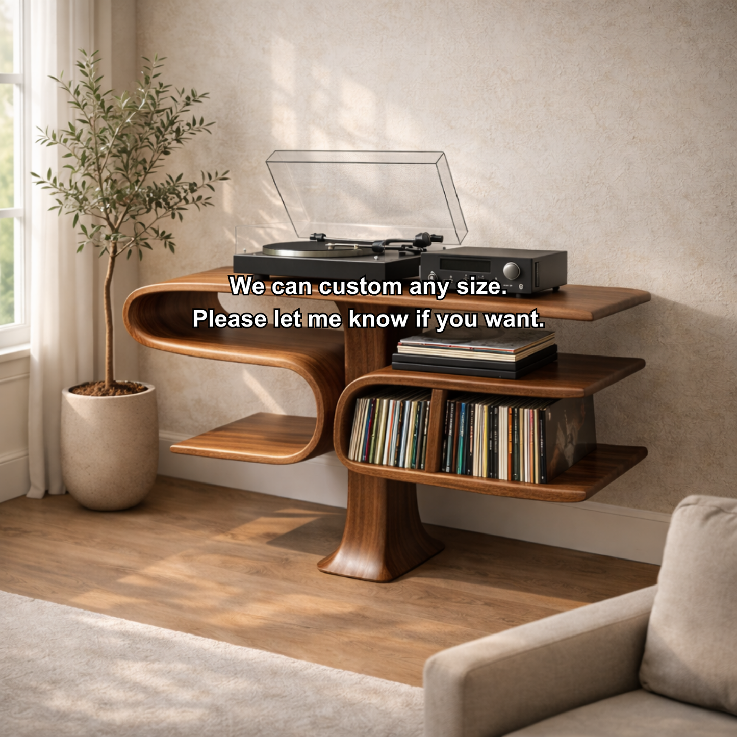 Cantilever Solid Wood Record Player Stand with Floating Vinyl Storage Shelves Kitchnce