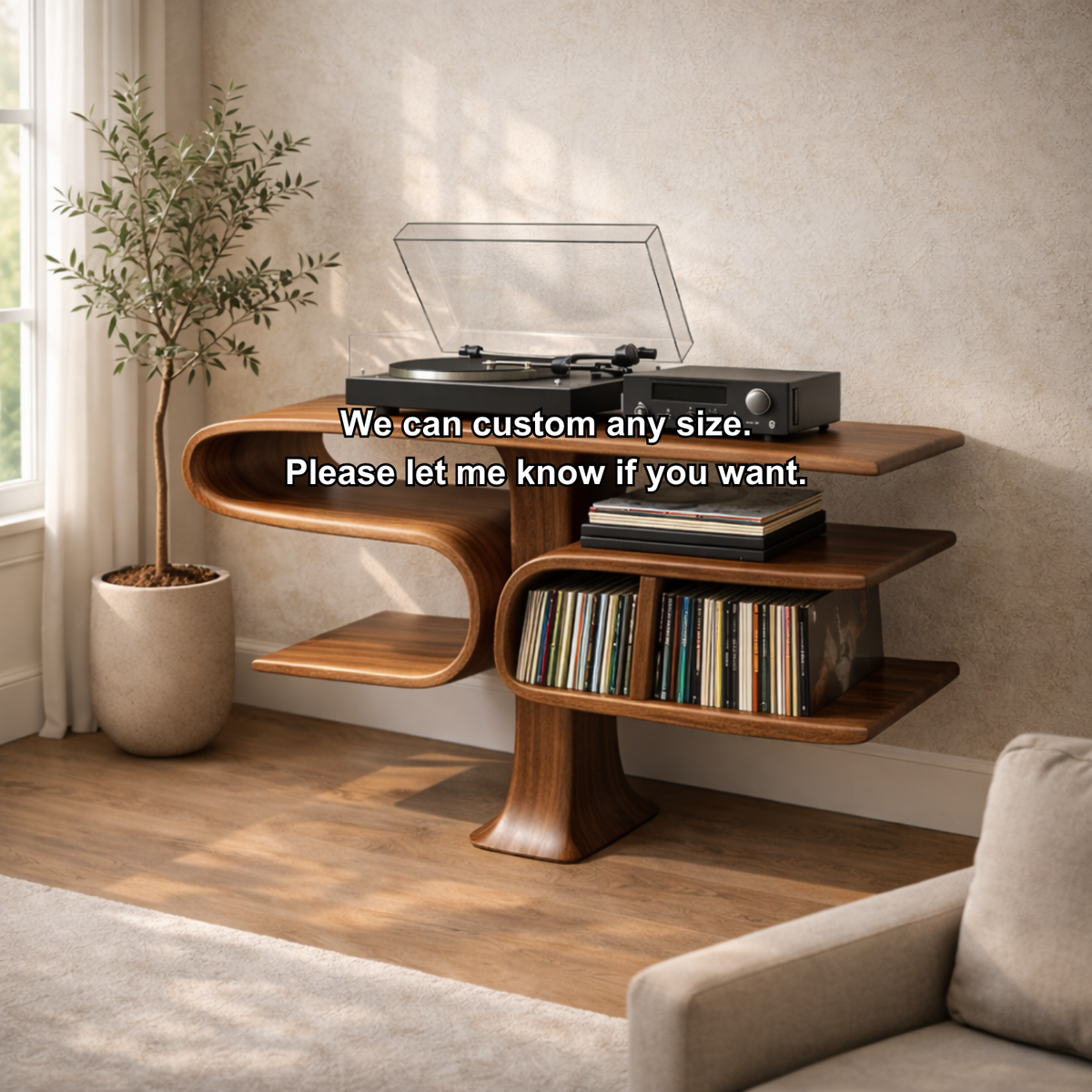 Cantilever Solid Wood Record Player Stand with Floating Vinyl Storage Shelves Kitchnce