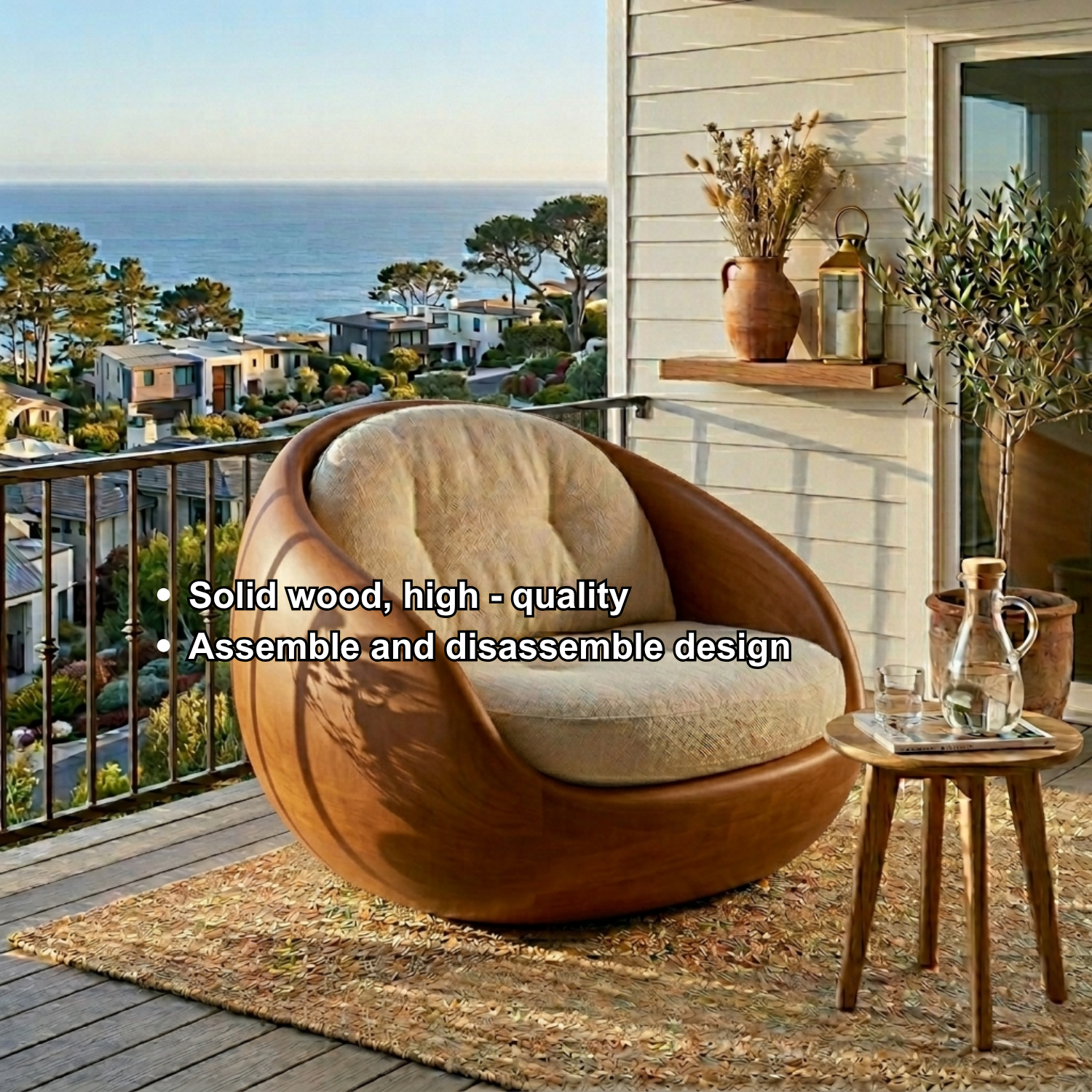 Handcrafted Solid Wood Lounge Chair – Sculptural Curved Barrel Accent Chair