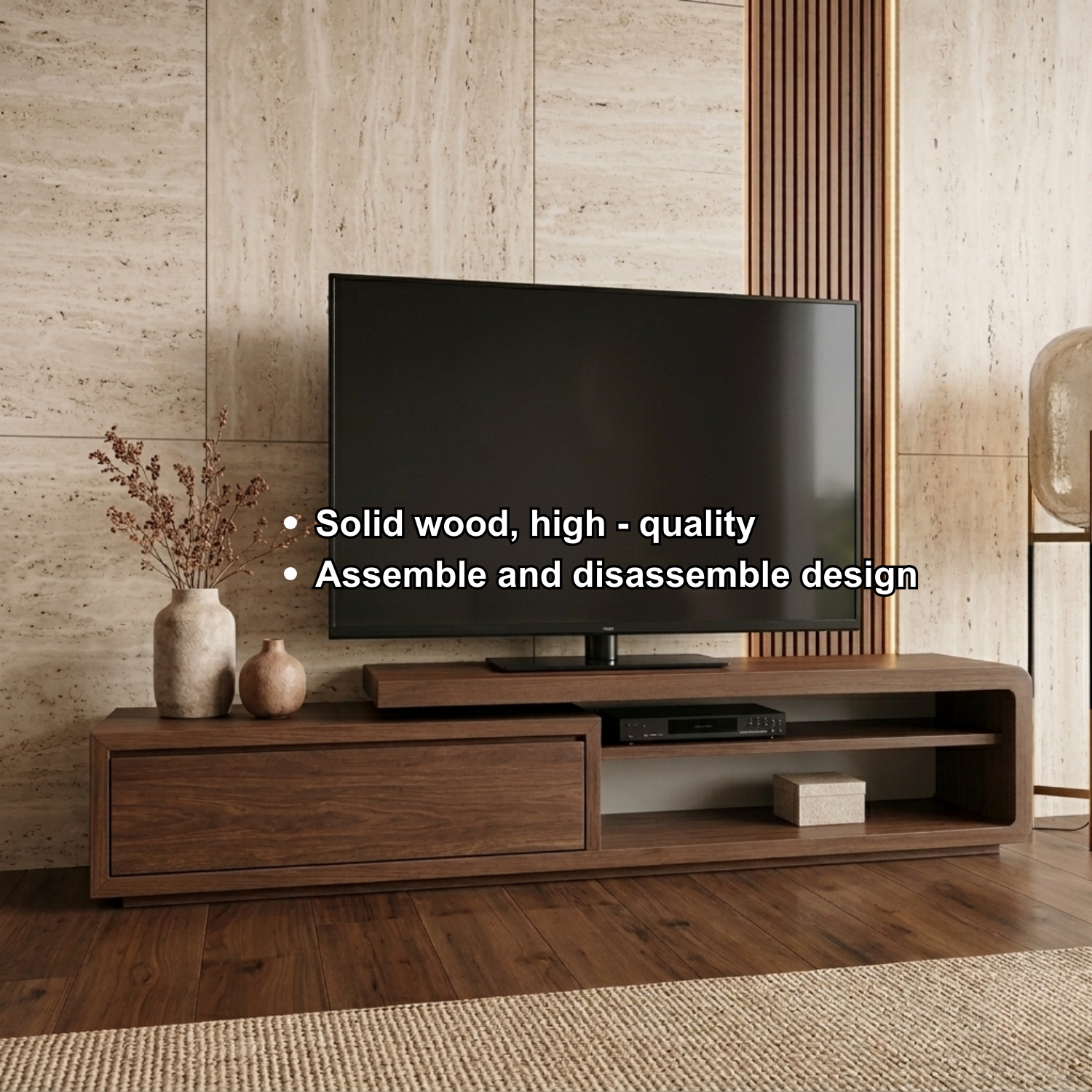Solid Wood Low Profile TV Stand with Drawer and Open Shelf – Modern Media Console