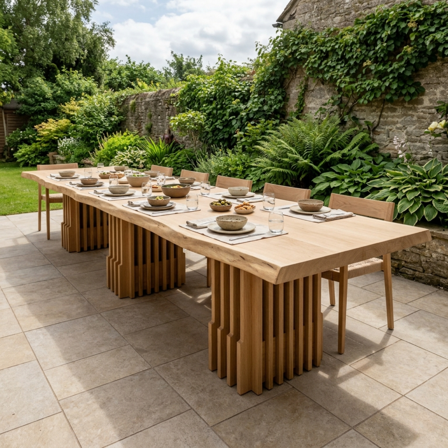 Solid Wood Outdoor Dining Table Live Edge Top with Fluted Multi-Pedestal Base