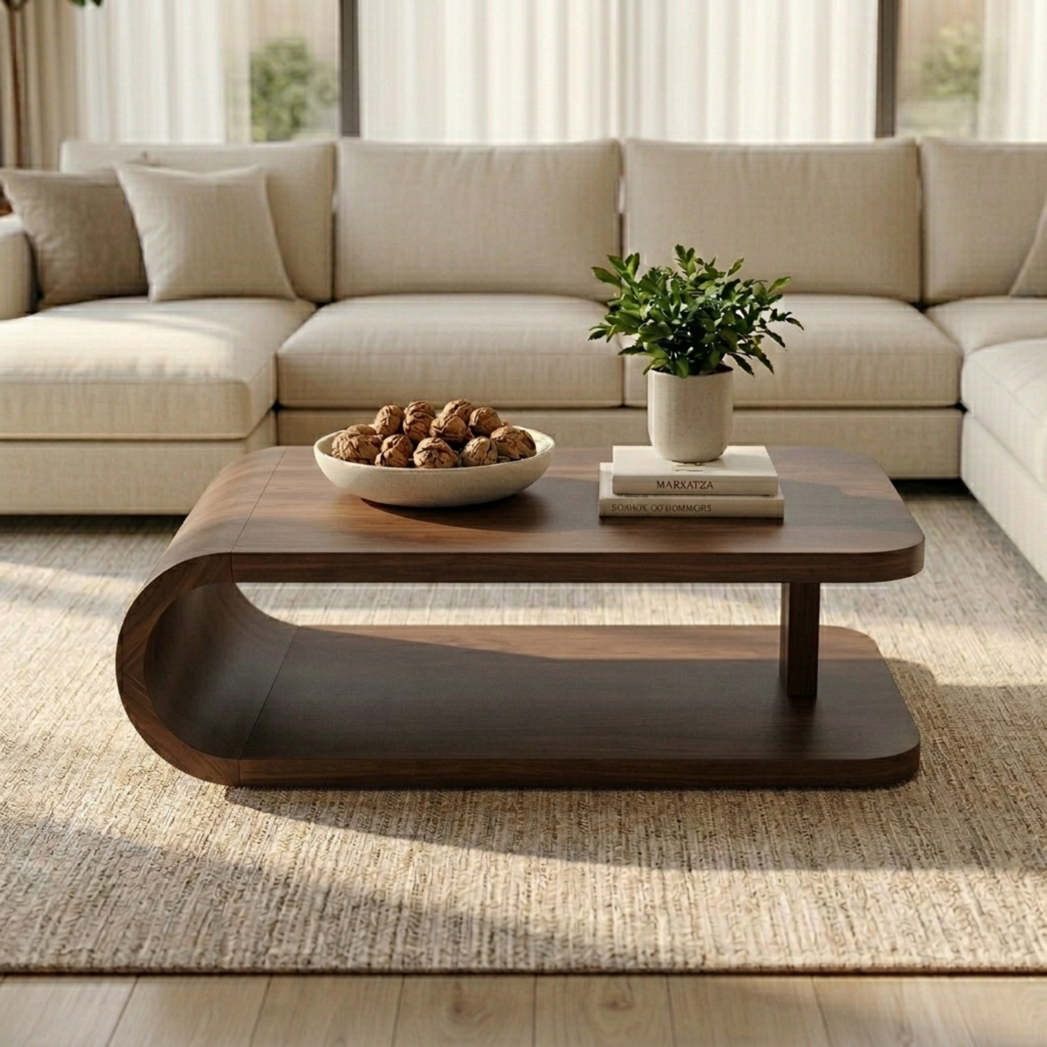 Modern Solid Wood Coffee Table with Curved Base and Storage Shelf for Living Room