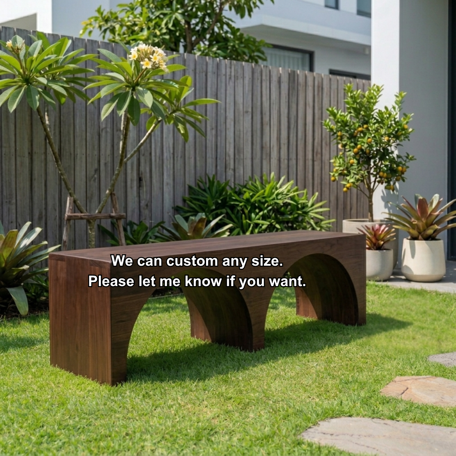Solid Wood Outdoor Bench with Double Arch Base Minimalist Rectangular Design