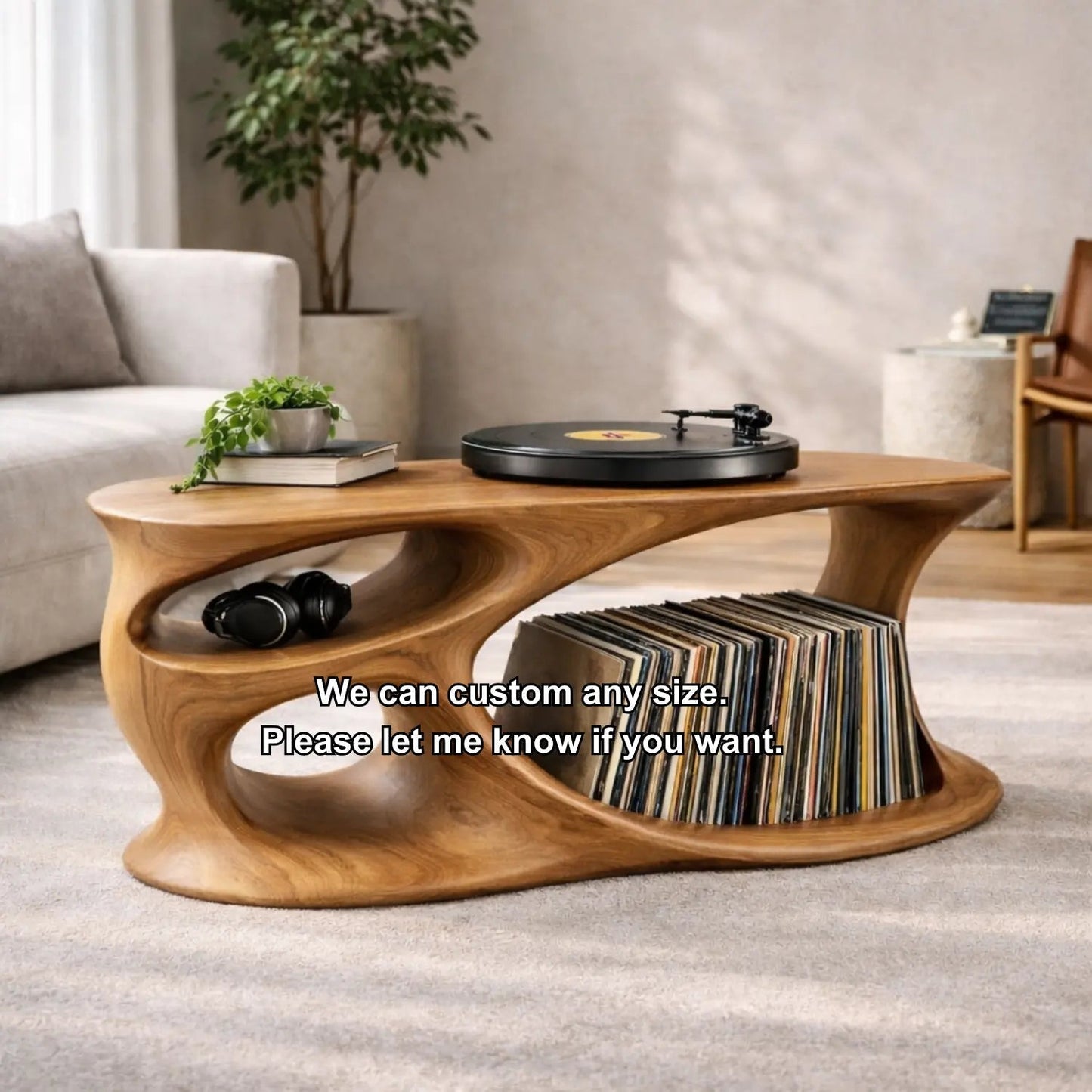 Solid Wood Record Player Stand with Organic Curved Base and Vinyl Record Storage Kitchnce