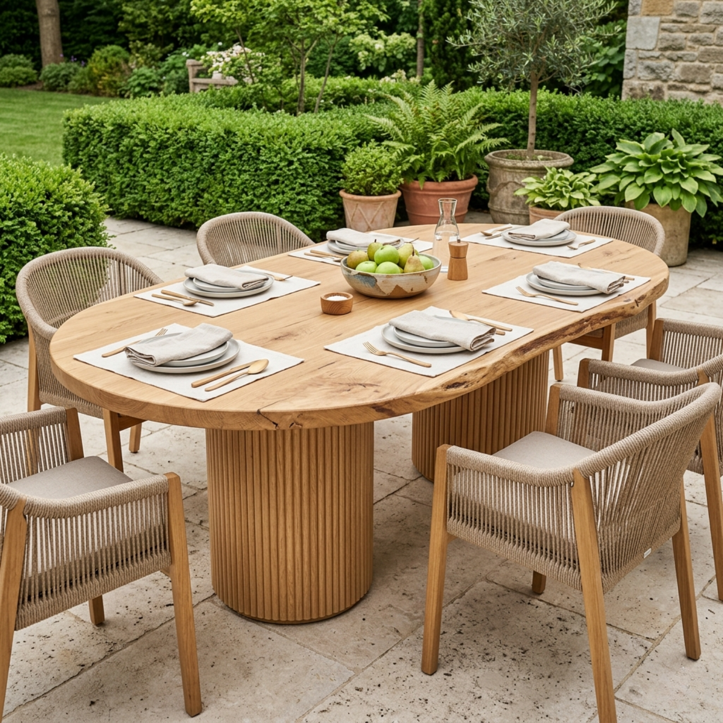 Solid Wood Outdoor Dining Table Oval Sculptural Base Modern Patio Garden Table