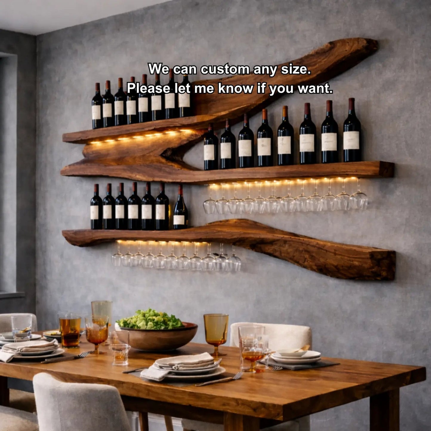 Solid Wood Live Edge Wall Wine Rack with Floating Shelves and Hanging Glass Holder Kitchnce