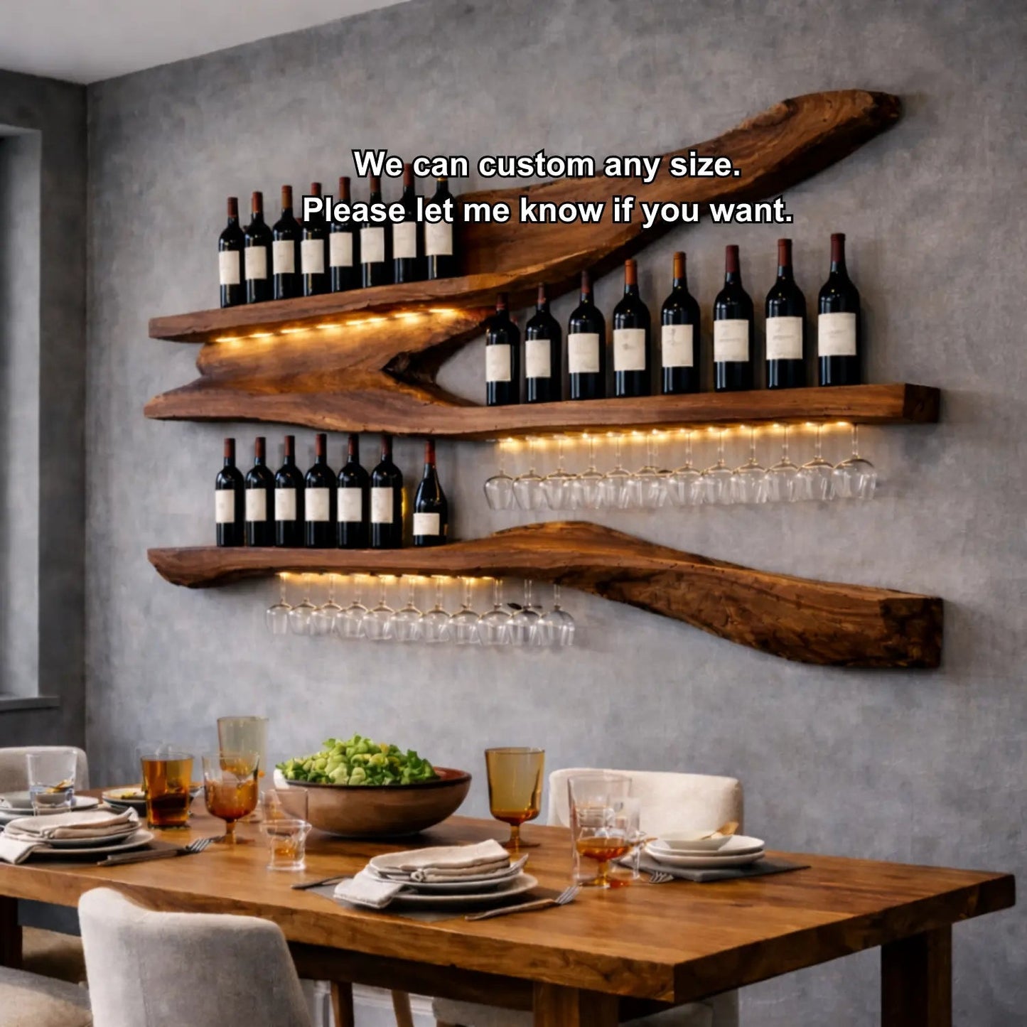 Solid Wood Live Edge Wall Wine Rack with Floating Shelves and Hanging Glass Holder Kitchnce