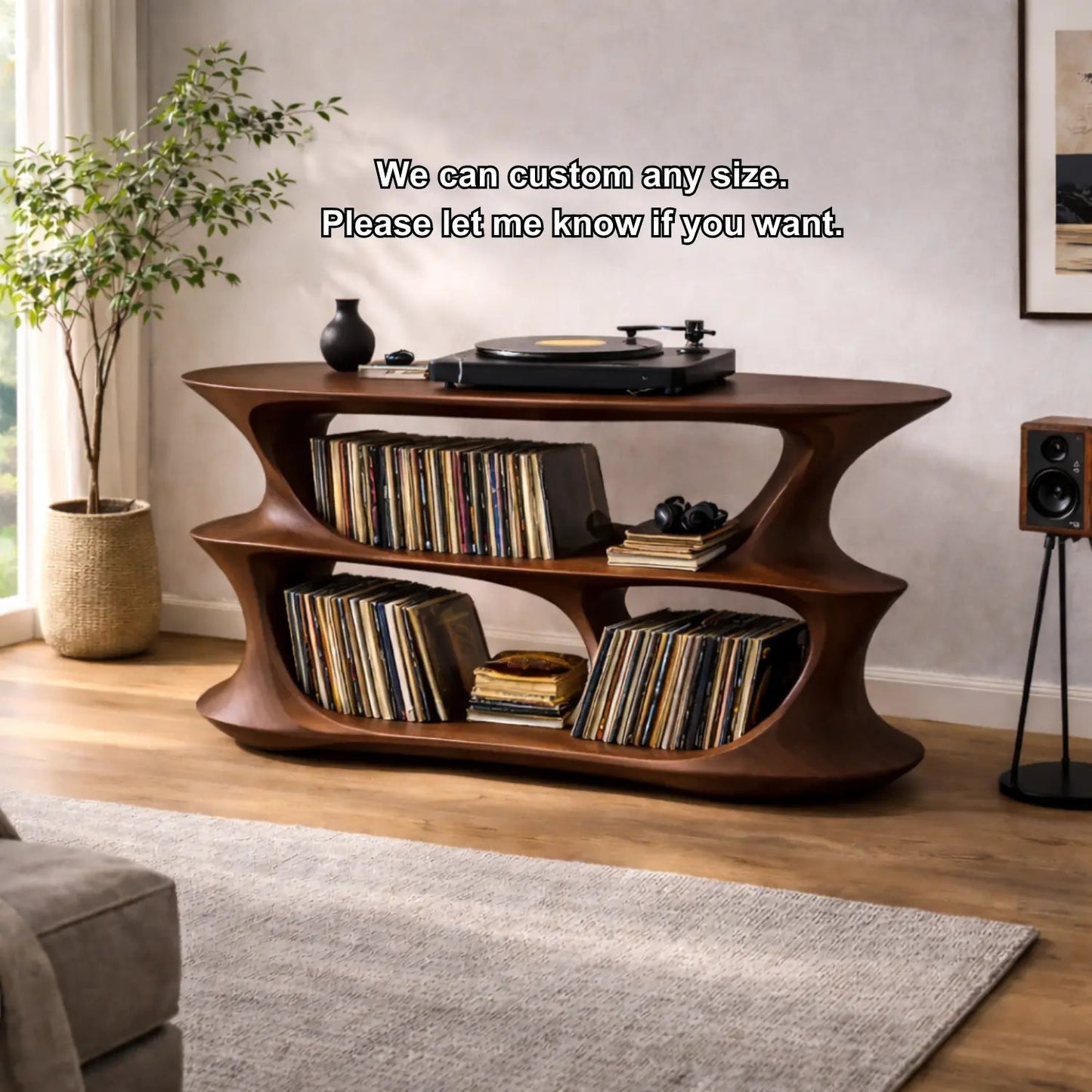 Solid Wood Record Player Stand with Sculptural Curved Frame and Dual Vinyl Storage Shelves Kitchnce