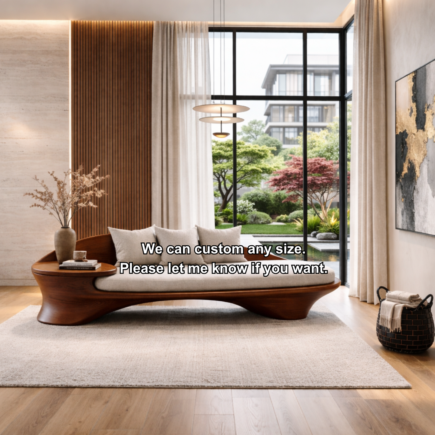 Curved Solid Wood Sofa with Integrated Side Table – Organic Modern Lounge Design