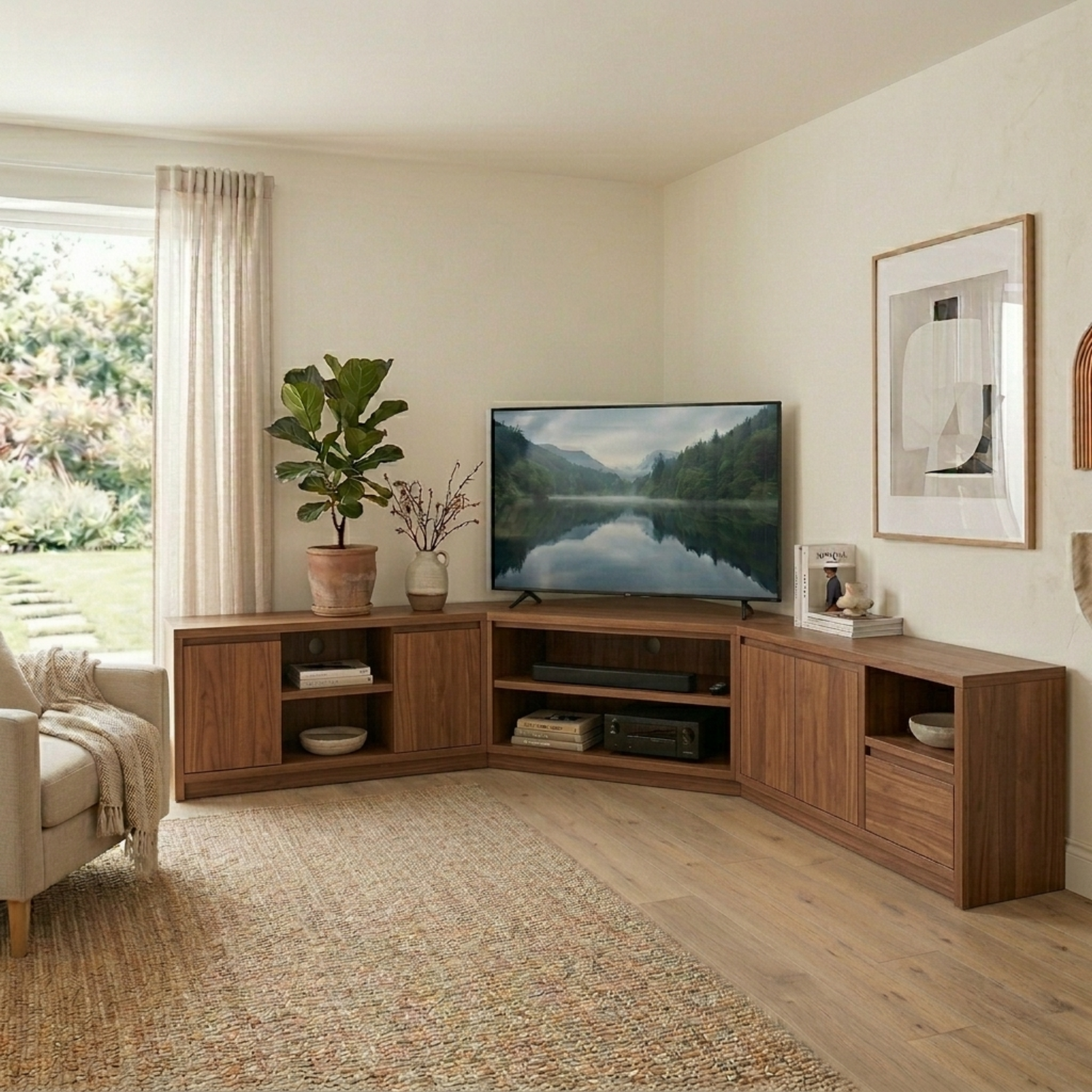 Modular Solid Wood Corner TV Stand with Storage Cabinets and Open Media Shelves