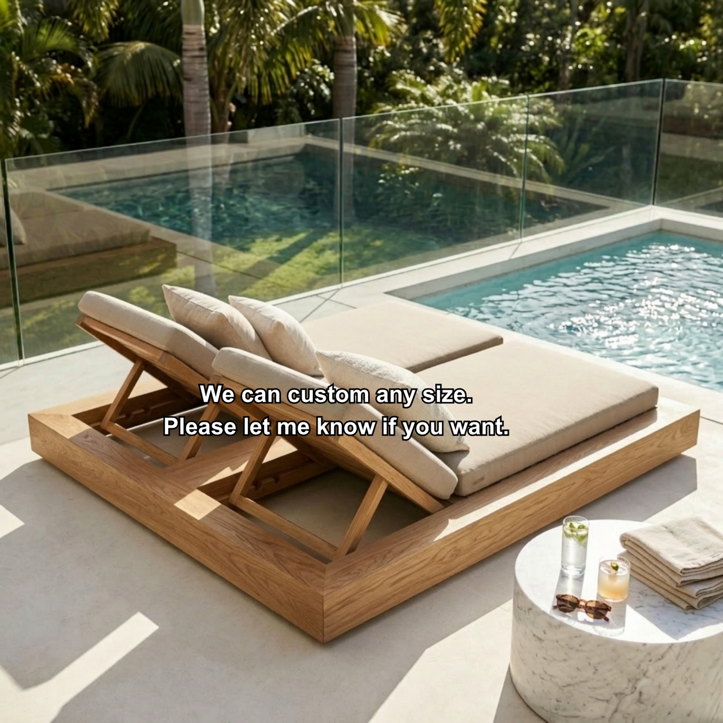 Solid Wood Double Chaise Lounge with Adjustable Backrest for Poolside Relaxation