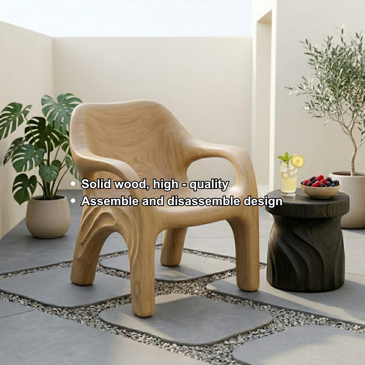 Handcrafted Solid Wood Armchair – Sculptural Organic Curve Accent Chair