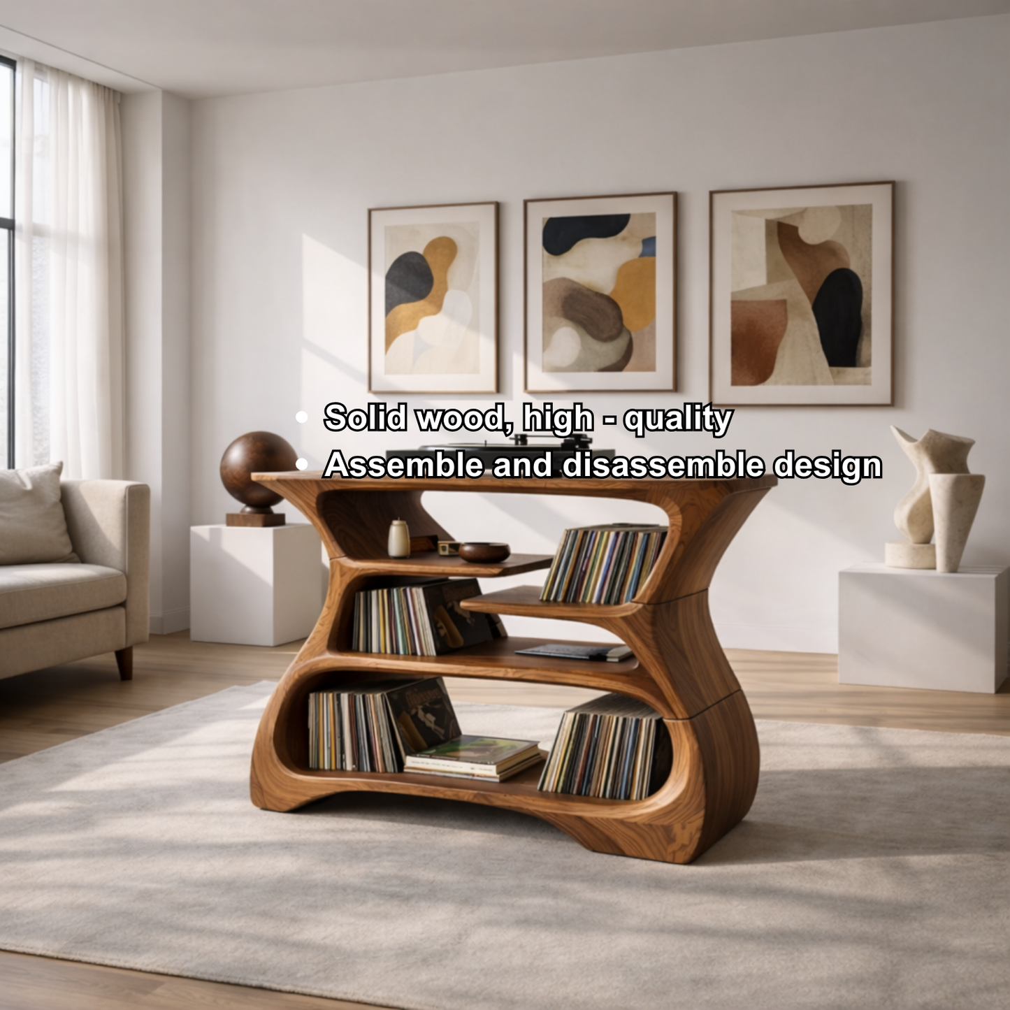 Sculptural Solid Wood Record Player Stand with Vinyl Record Storage Kitchnce