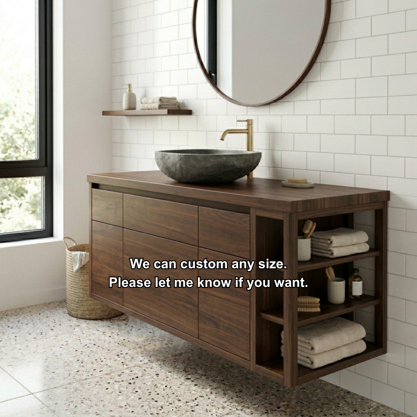 Floating Solid Wood Bathroom Vanity with Cabinet Doors and Side Open Shelving