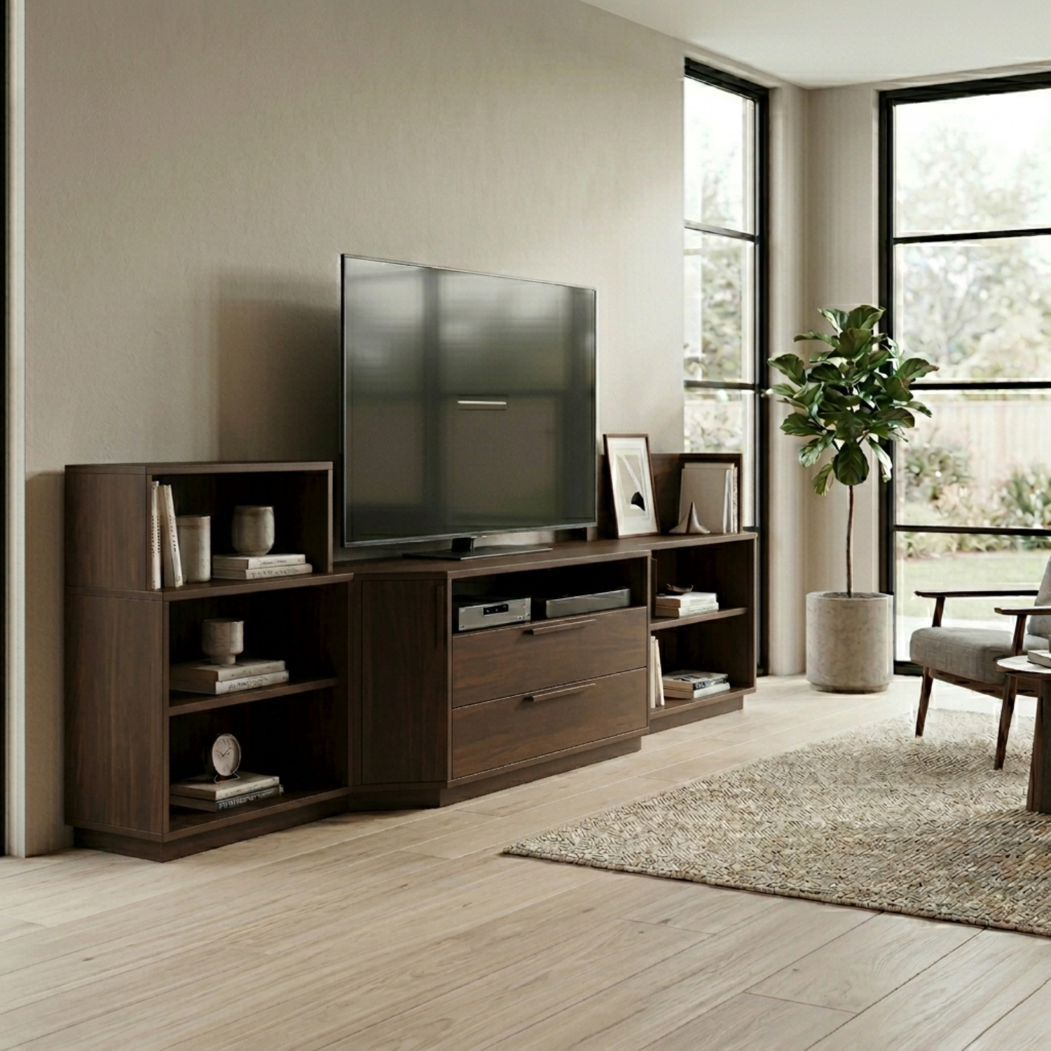 Modern Modular Solid Wood TV Stand with Open Shelves & Storage Cabinet