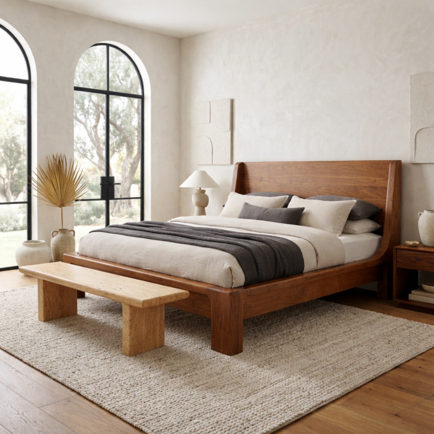 Solid Wood Platform Bed Frame with Curved Wingback Headboard