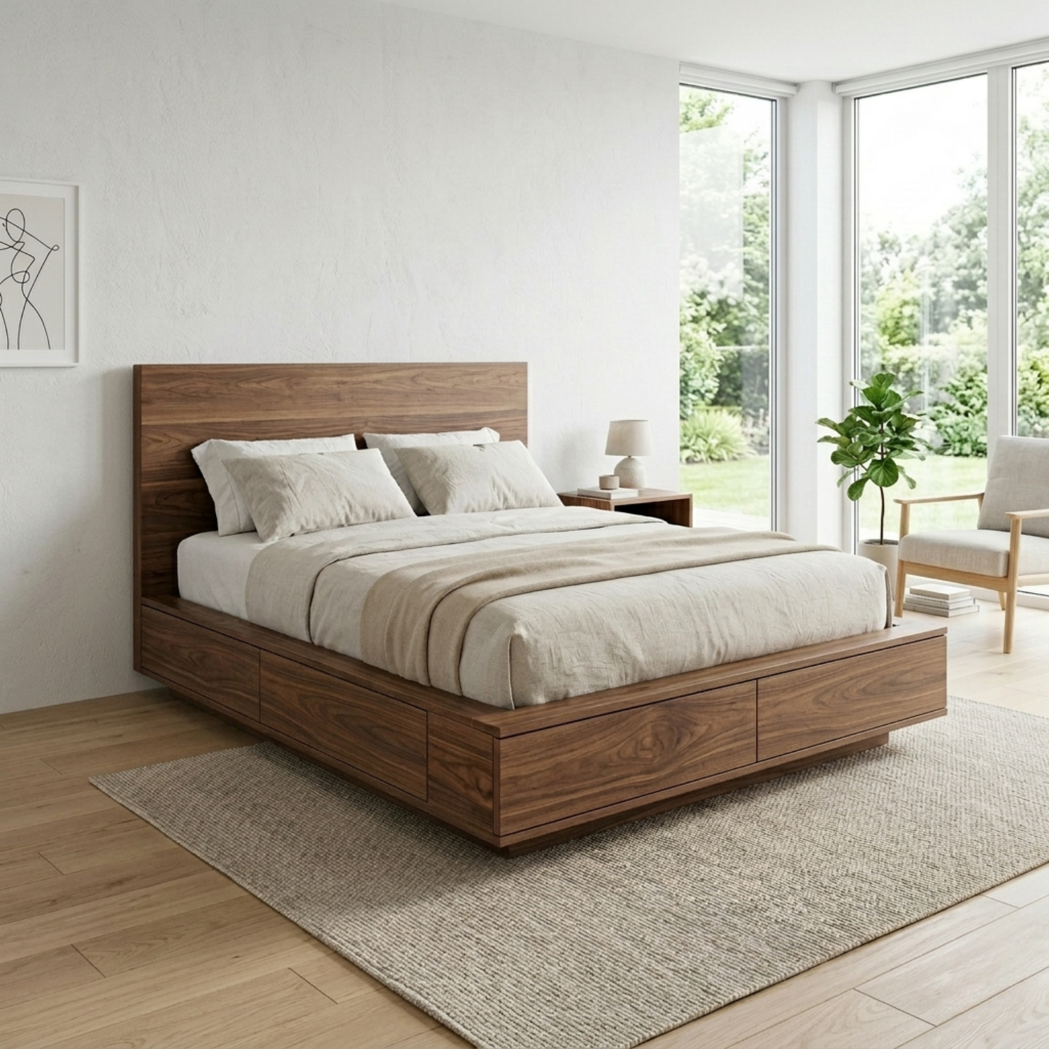 Solid Wood Platform Bed Frame with Integrated Storage Drawers