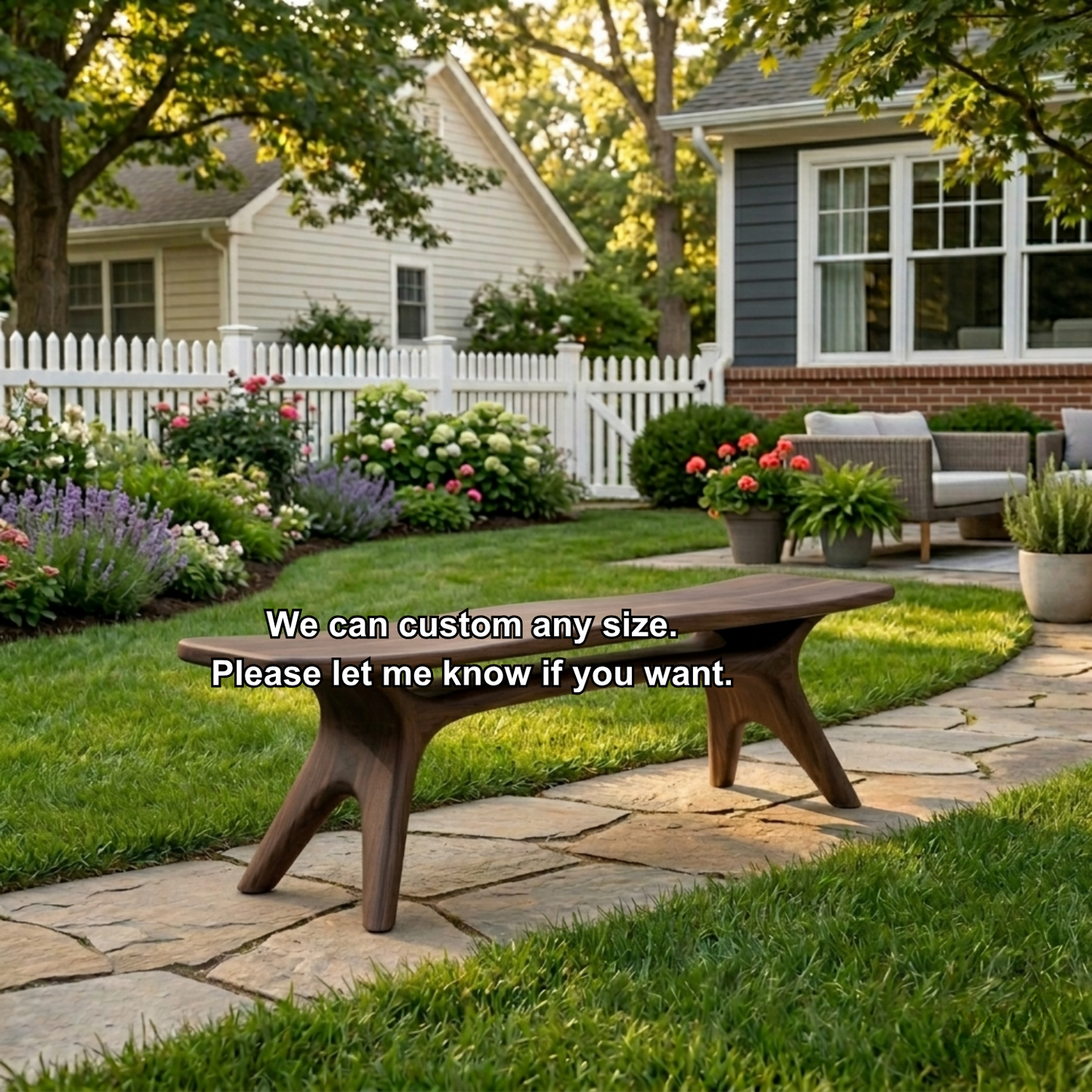 Solid Wood Outdoor Bench with Sculptural Tapered Legs and Floating Seat Design