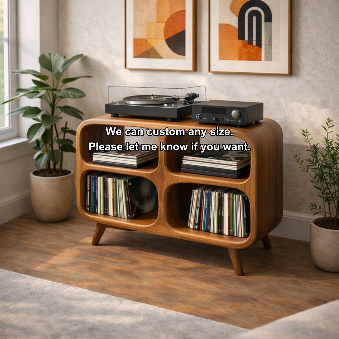 Rounded Cube Solid Wood Record Player Stand with 4-Compartment Vinyl Storage Kitchnce