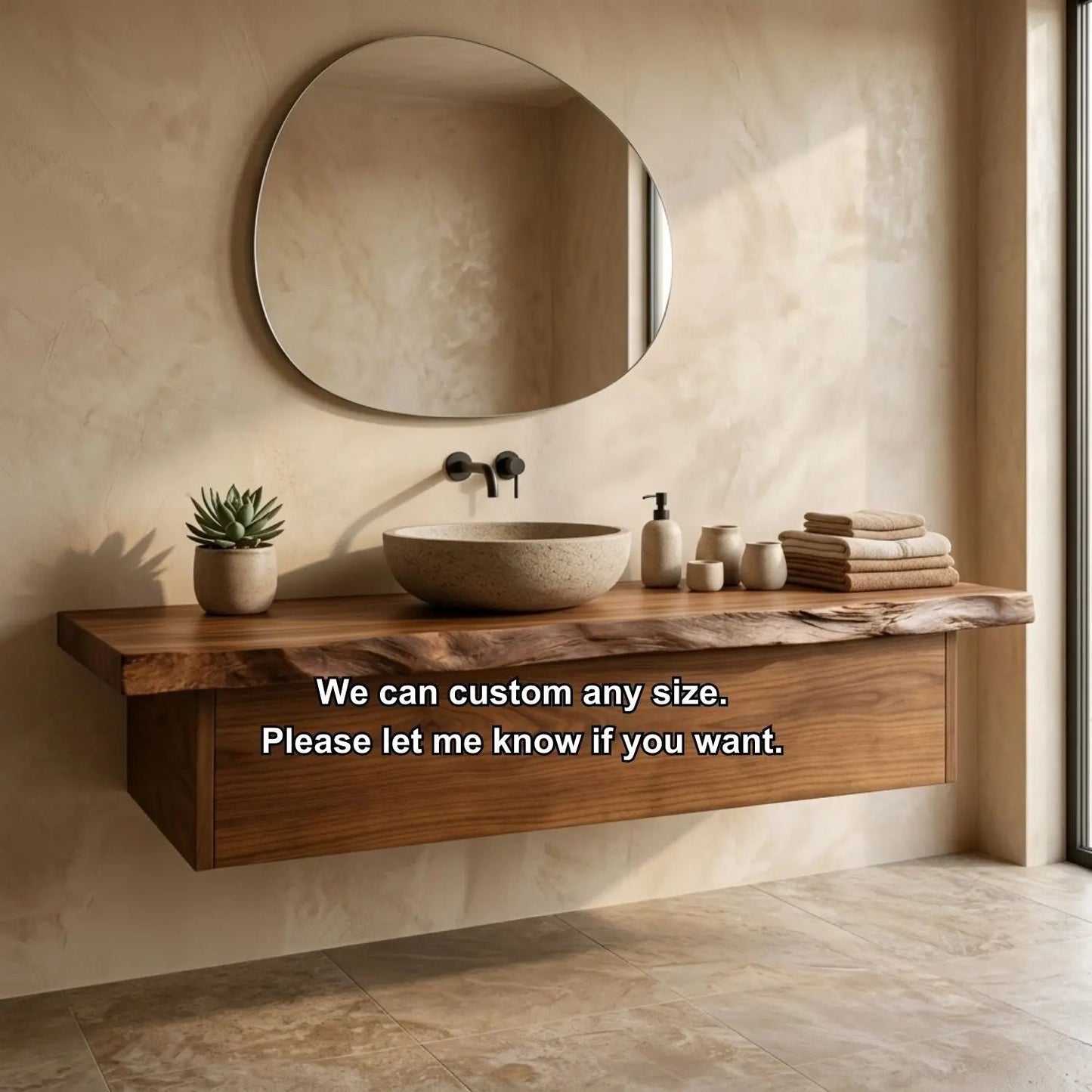 Floating Bathroom Vanity with Live Edge Wood Countertop and Minimalist Cabinet Kitchnce