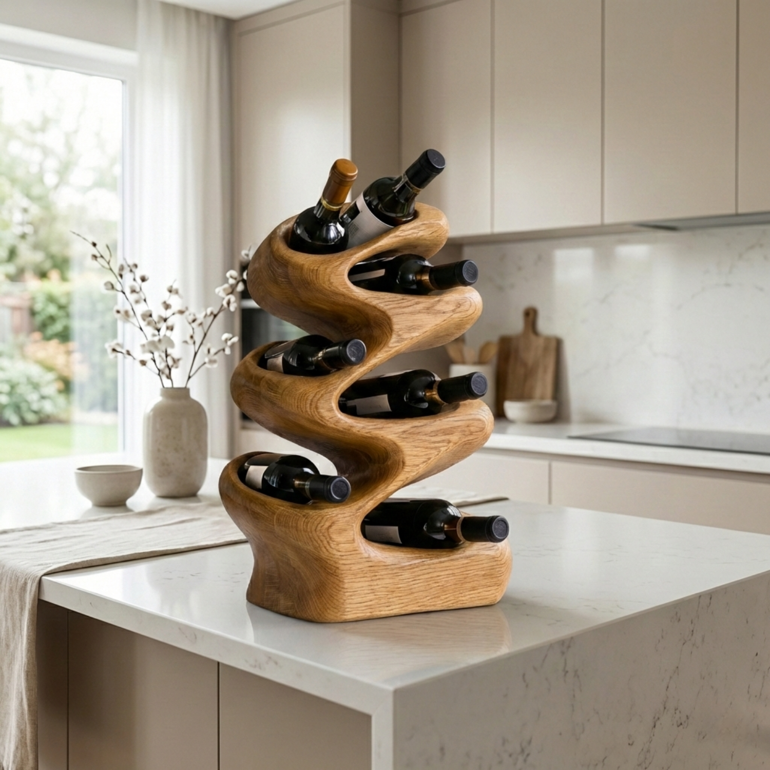 Handcrafted Solid Wood Wine Holder – Sculptural Wave Countertop Wine Rack
