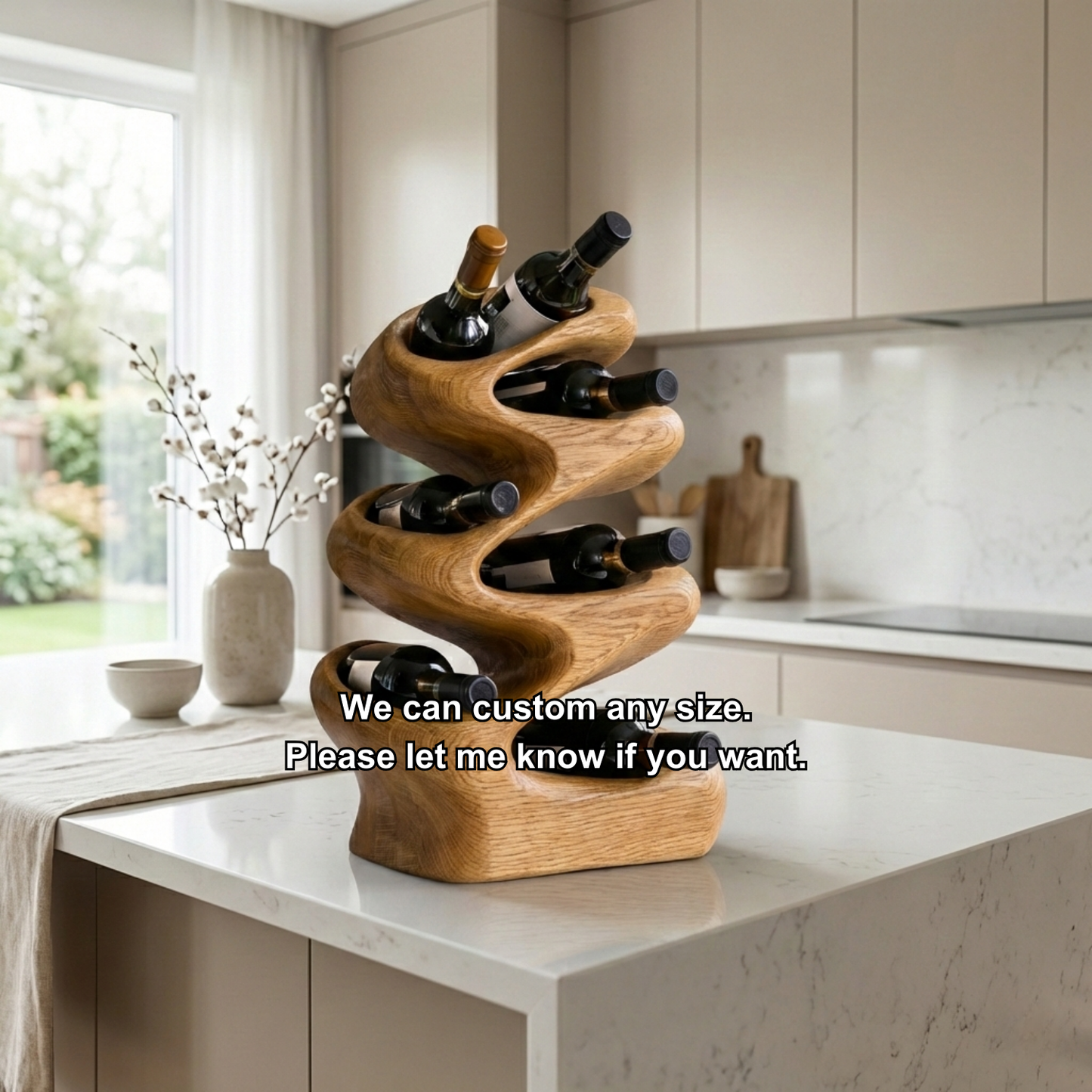 Handcrafted Solid Wood Wine Holder – Sculptural Wave Countertop Wine Rack