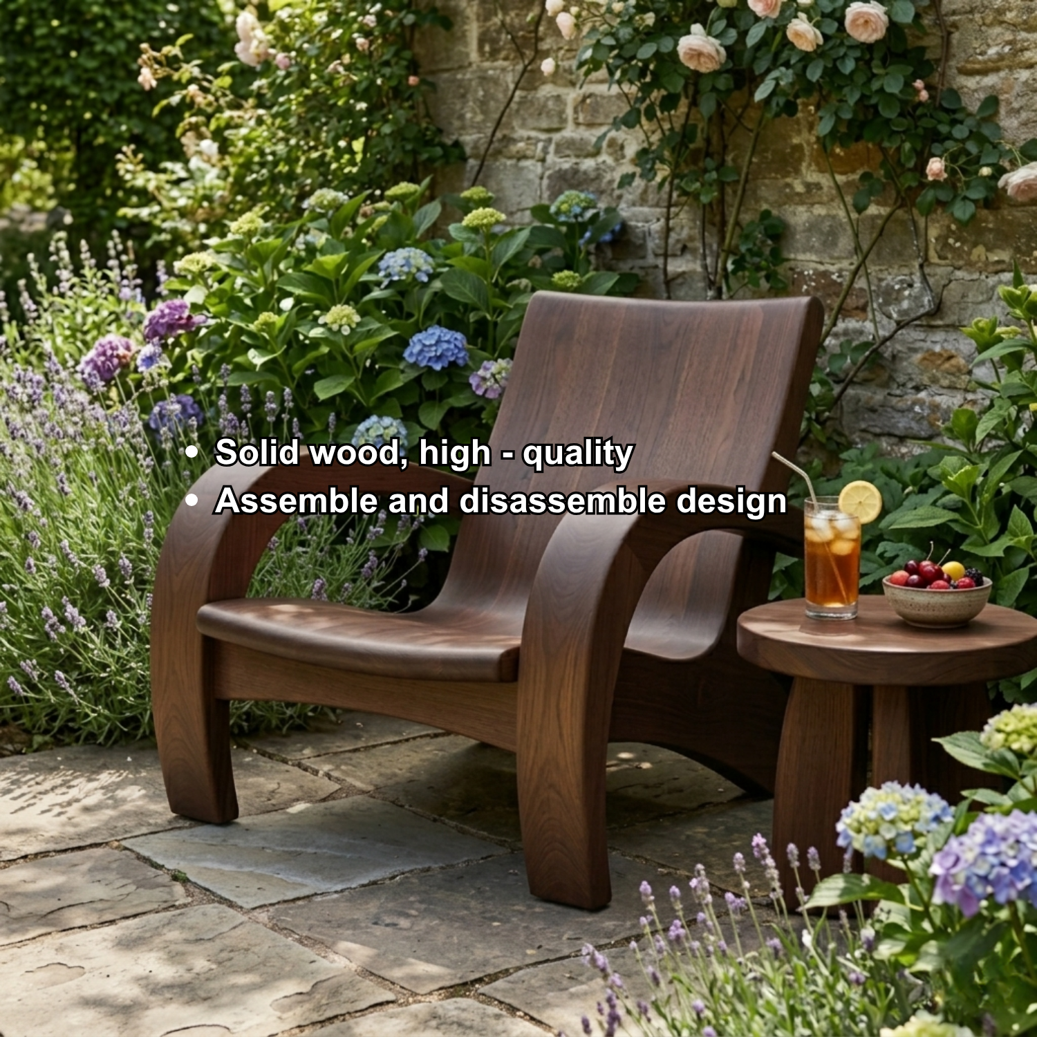 Modern Solid Wood Lounge Chair with Curved Armrests for Indoor & Outdoor Use